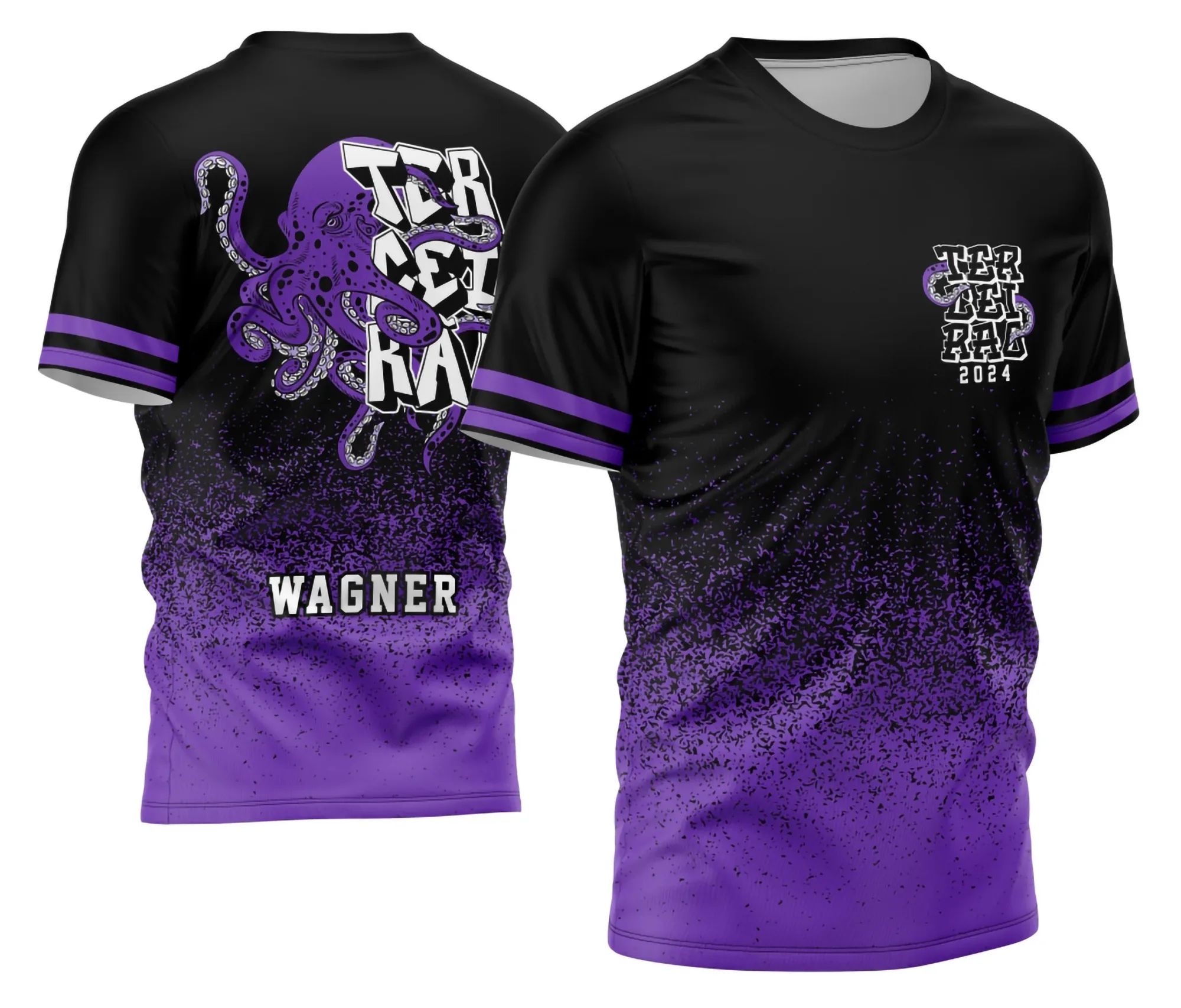 Camiseta unissex preta com logo no peito e estampa grande nas costas representando Polvo Roxo, ideal para turma do Terceirão 2026 com estilo vibrante e moderno.