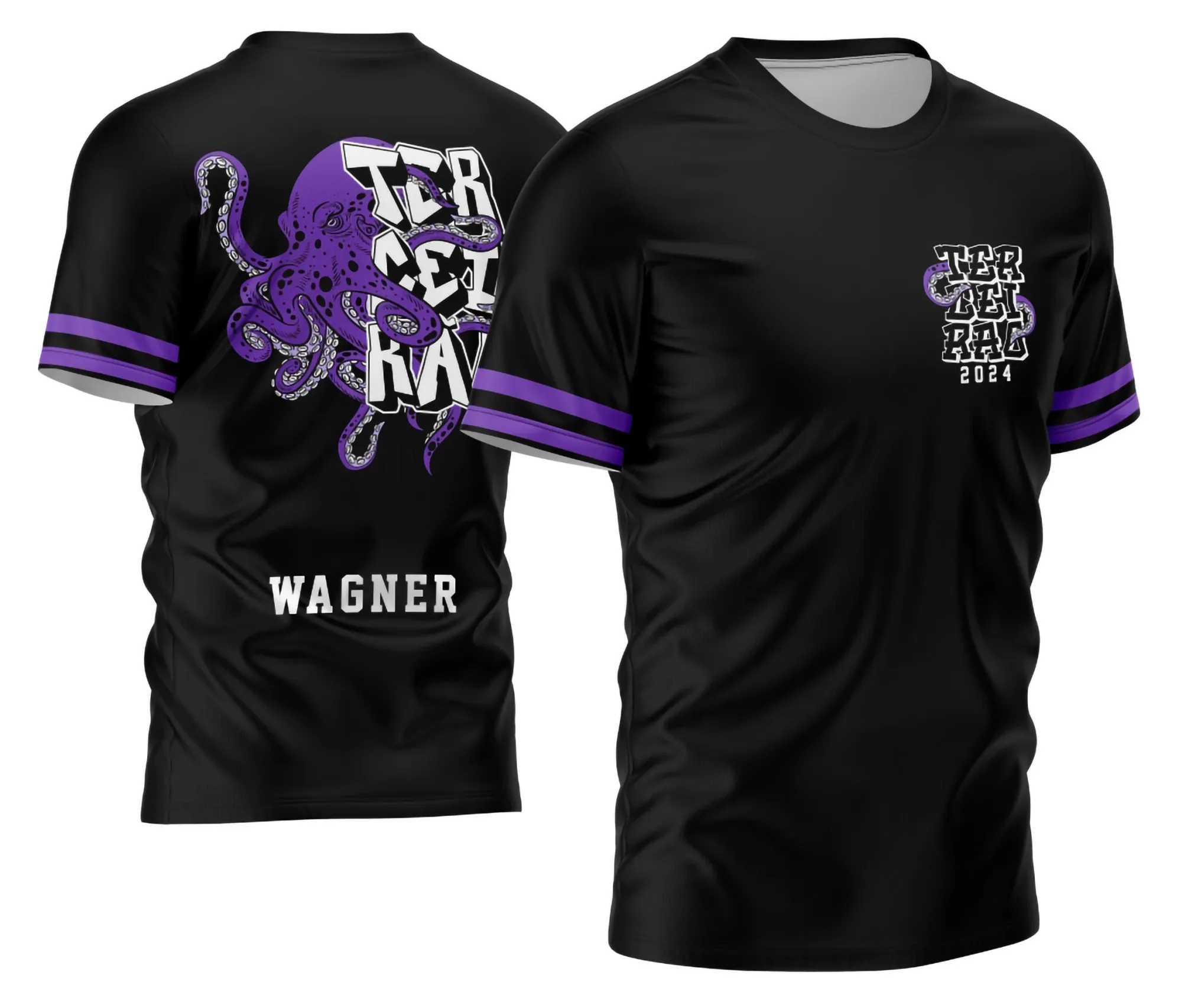 Camiseta unissex preta com logo no peito e estampa grande nas costas com tema Terceirão Polvo Roxo 2026, design exclusivo que destaca a identidade da turma com estilo moderno.
