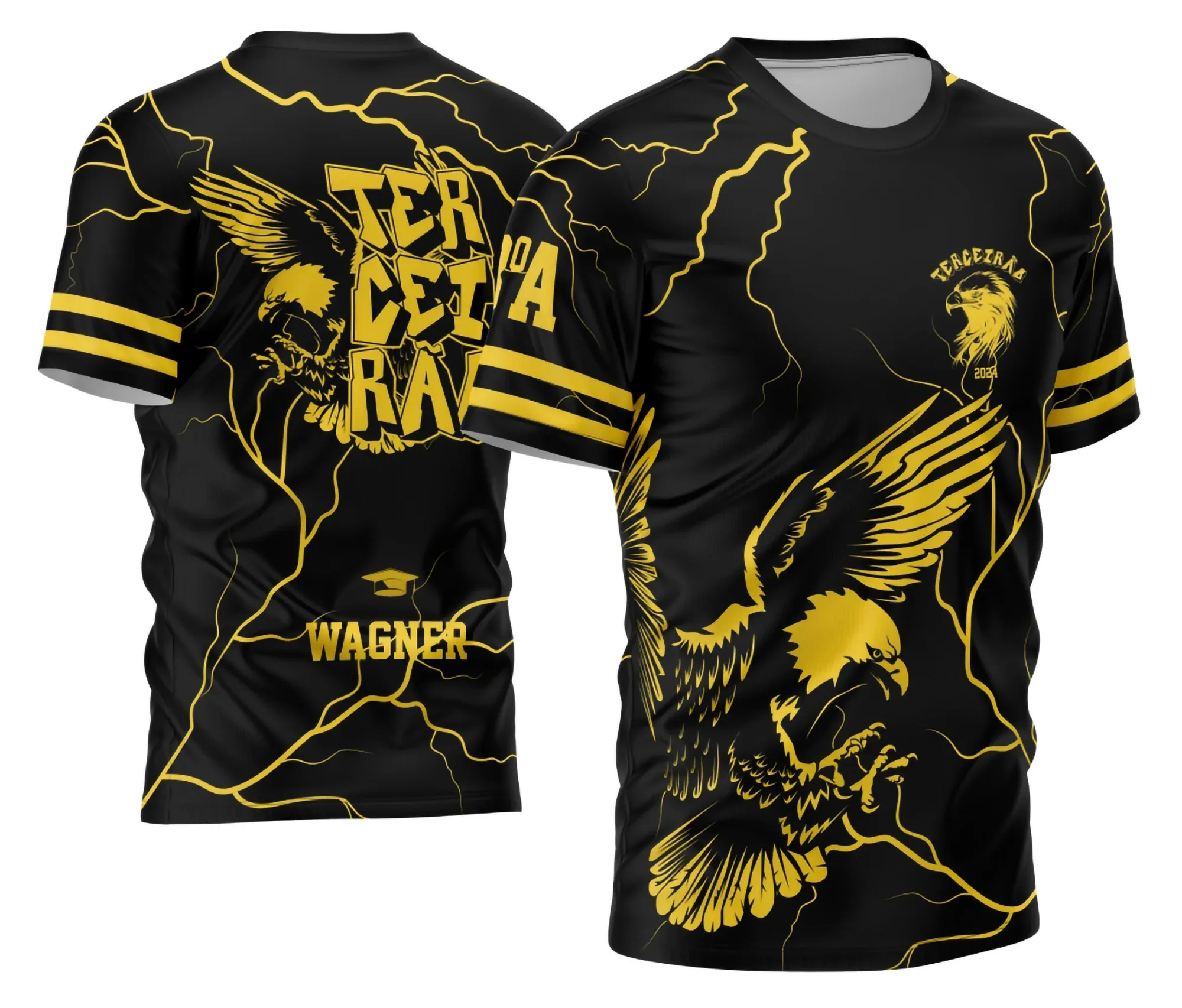 Camiseta unissex preta com logo no peito e estampa grande nas costas, tema Terceirão Águia 2026, visual moderno e marcante para estudantes e formandos.