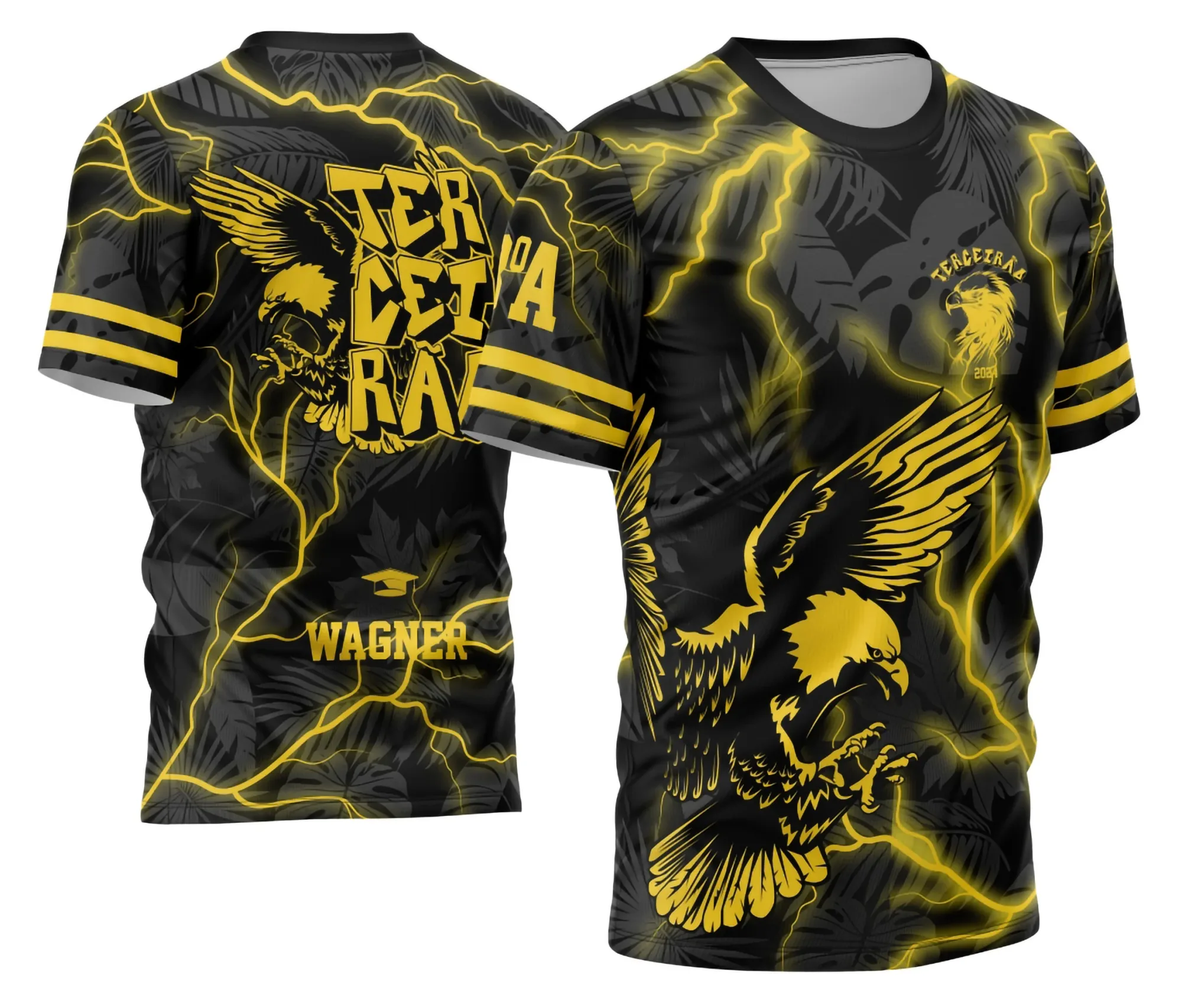 Camiseta unissex preta com logo no peito e estampa grande nas costas temática Terceirão Águia 2026, design moderno e impactante, perfeita para celebração de turma e eventos escolares.