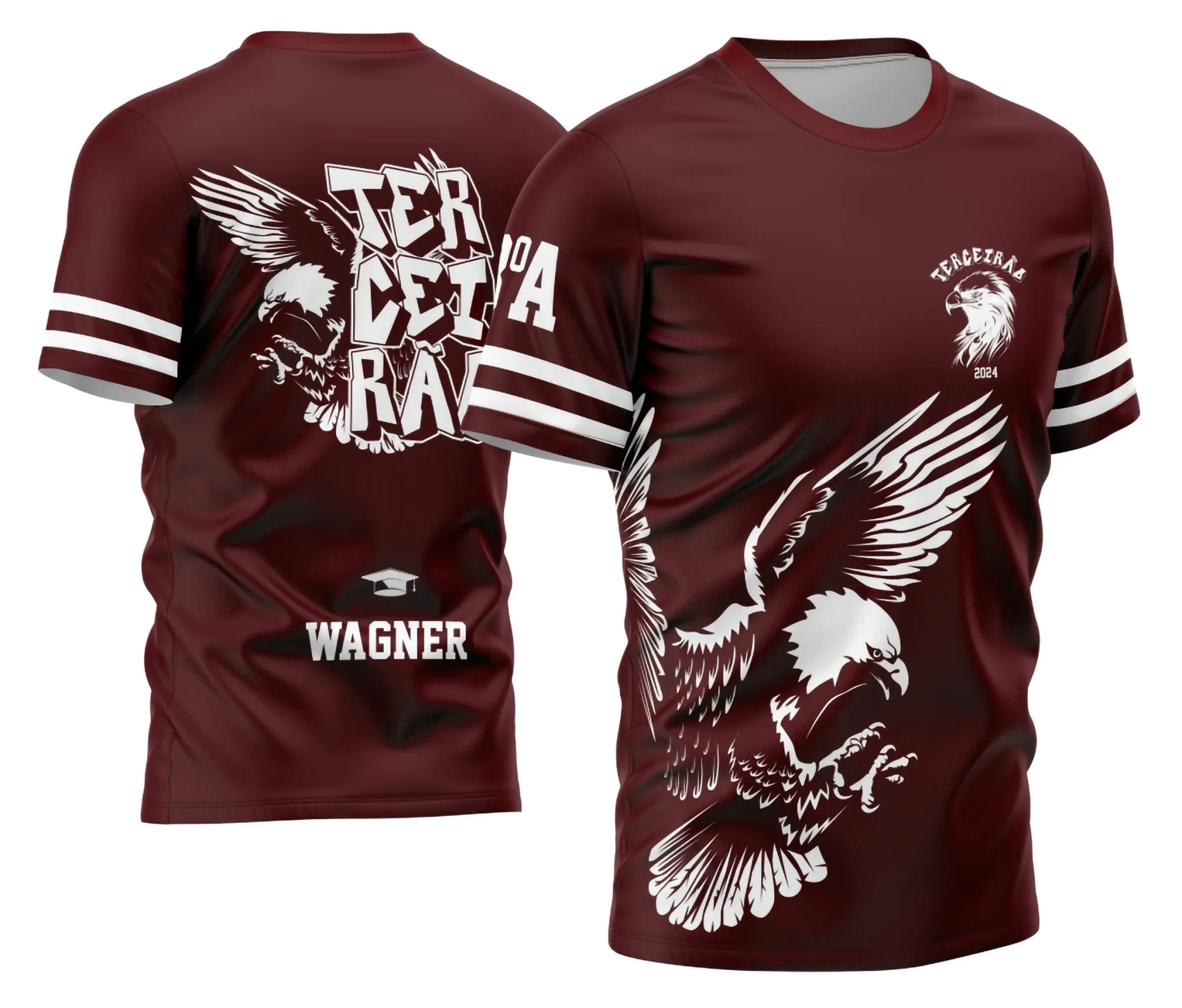 Foto da camiseta unissex preta com logo no peito e estampa grande nas costas, tema Terceirão Águia 2026 edição 03, perfeita para mostrar orgulho da turma com estilo moderno e marcante.