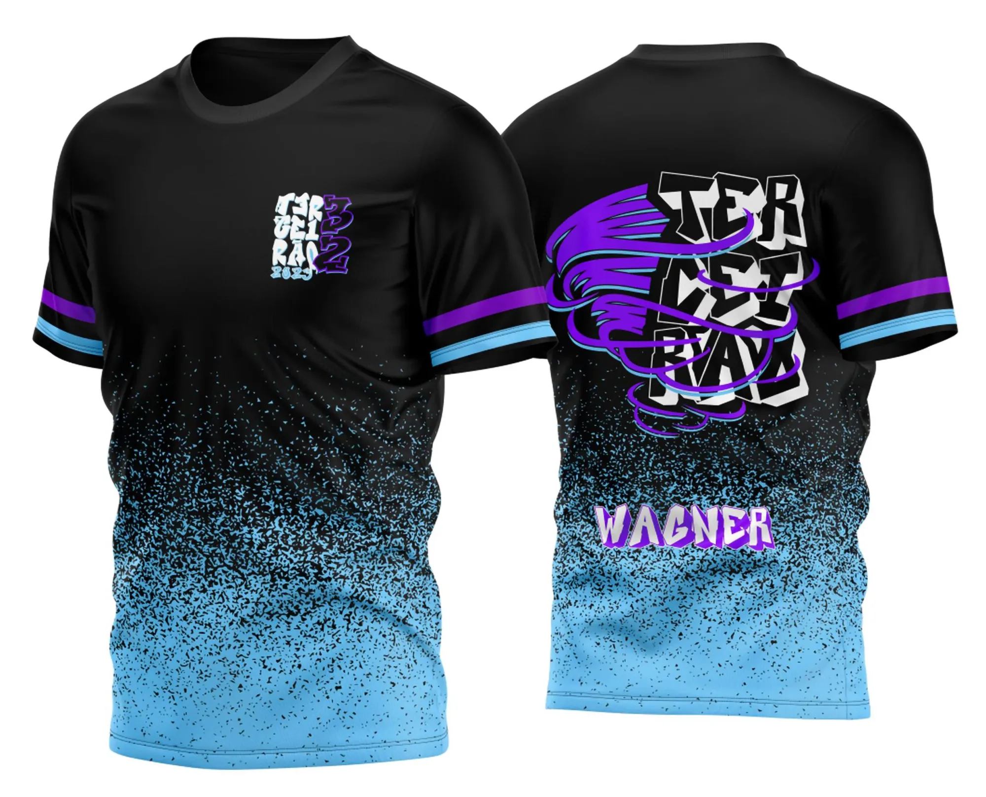 Foto de camiseta unissex preta com logo no peito e estampa grande nas costas destacando o tema Terceirão Furacão Impacto, ideal para estudantes que buscam identidade visual marcante.