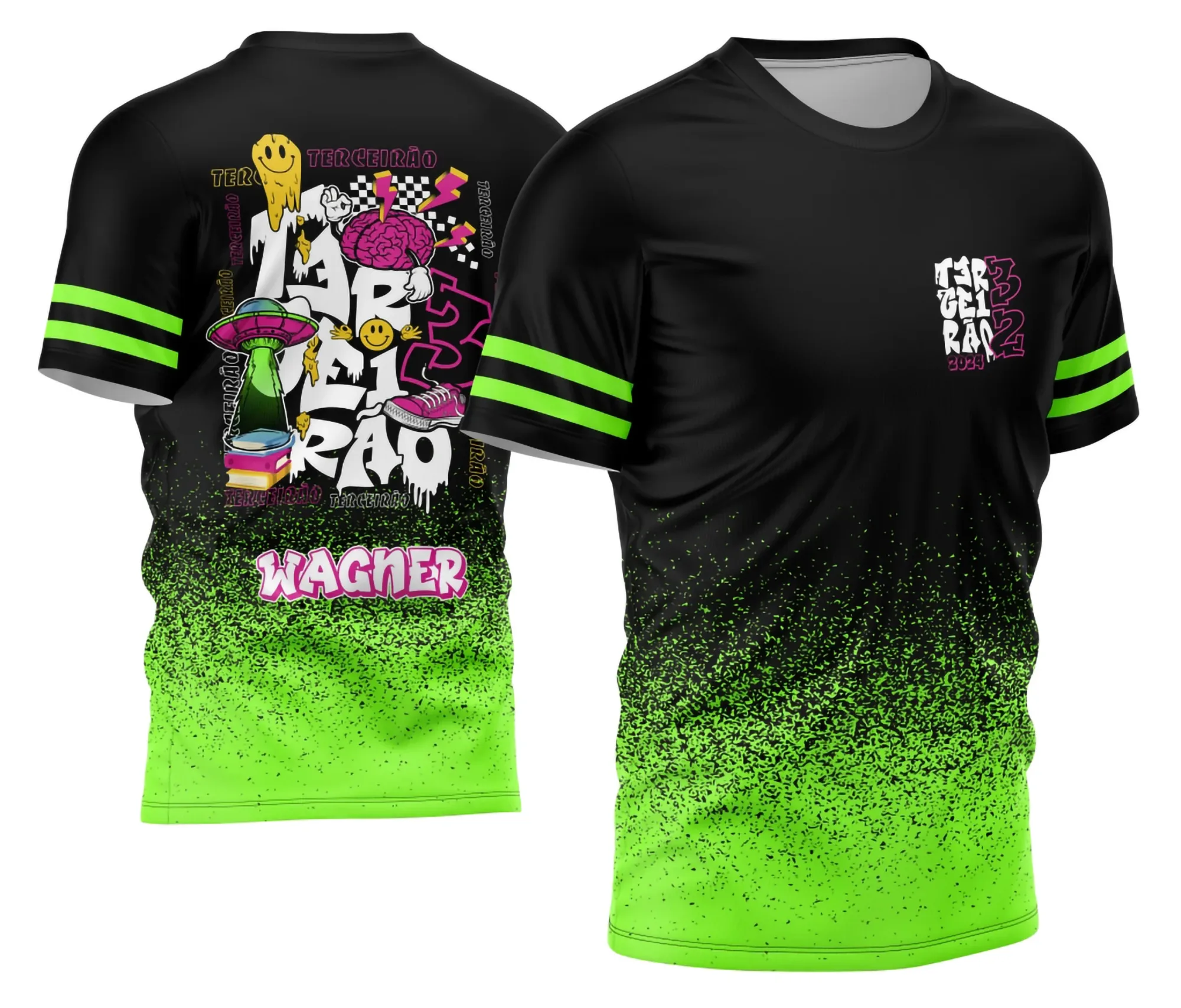 Camiseta unissex preta com logo no peito e estampa grande nas costas mostrando tema de Terceirão Alienígena, ideal para quem busca estilo autêntico e moderno.