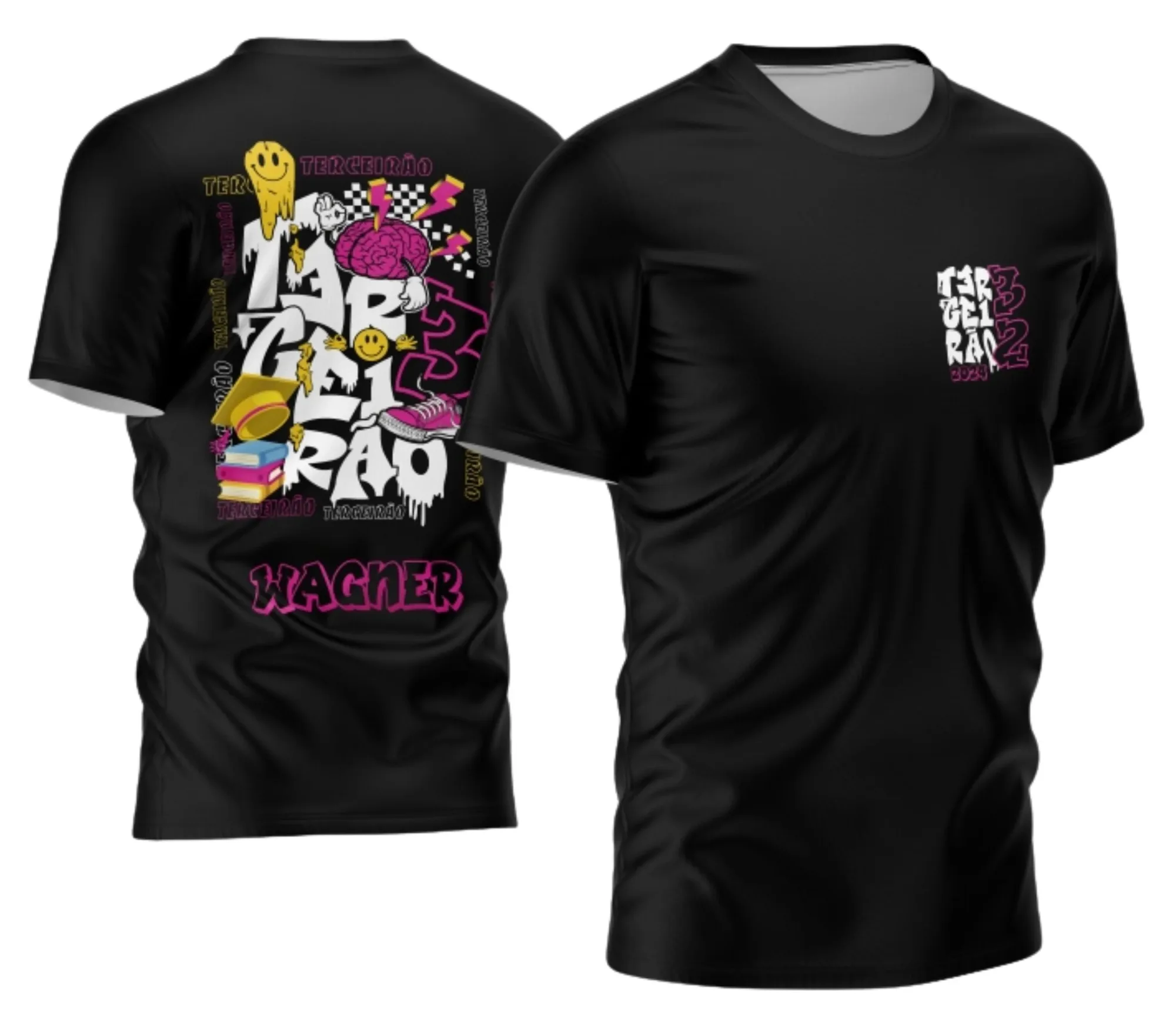 Camiseta unissex preta com logo no peito e estampa grande nas costas do tema Terceirão Livro e Chapéu 2026, ideal para estudantes finalistas comemorarem a formatura com estilo marcante.