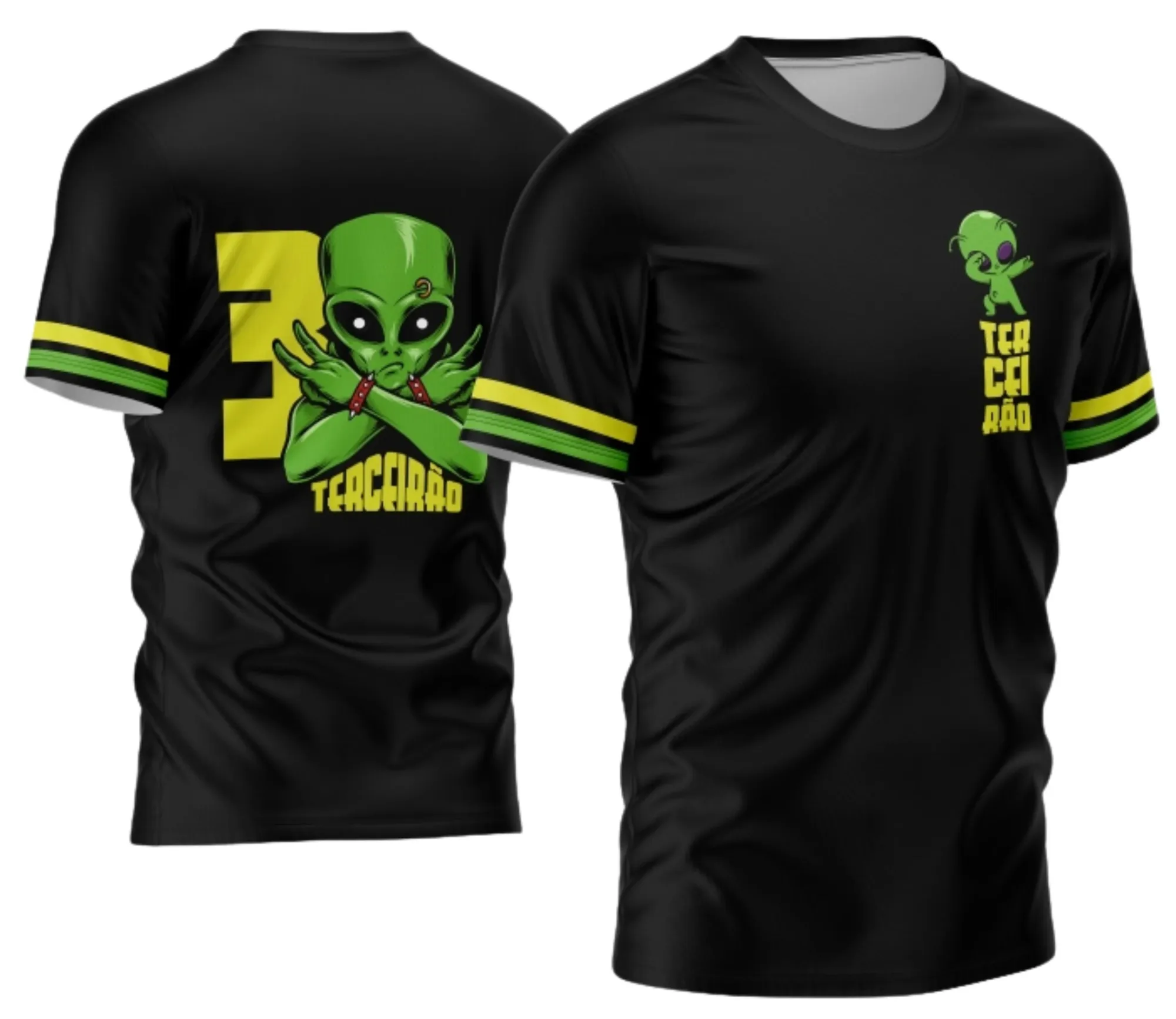 Camiseta unissex preta com logo no peito e estampa grande nas costas, tema Terceirão 2026 modelo único, perfeita para a turma celebrarem o último ano juntos.