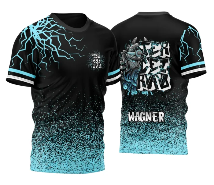 Camiseta unissex preta com logo no peito e estampa grande nas costas, tema Terceirão Zeus, design moderno e marcante para estudantes.