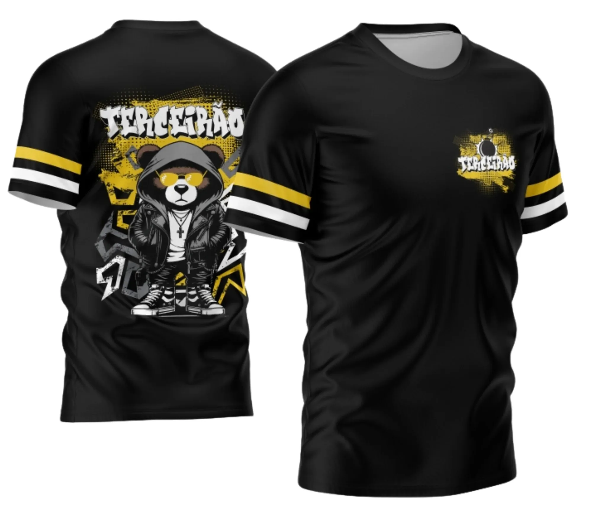 Camiseta unissex branca com logo no peito e estampa grande nas costas do tema Terceirão Urso 2026 Modelo 02, ideal para comemorar o último ano escolar com estilo.