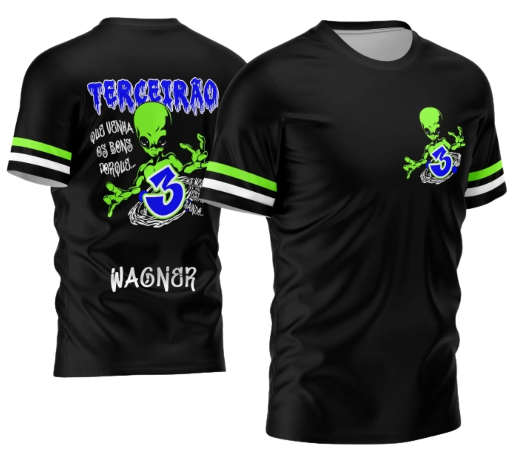 Camiseta unissex preta com logo no peito e estampa grande nas costas inspirada no Terceirão Alien 2026, ideal para turma, eventos e estilo moderno.