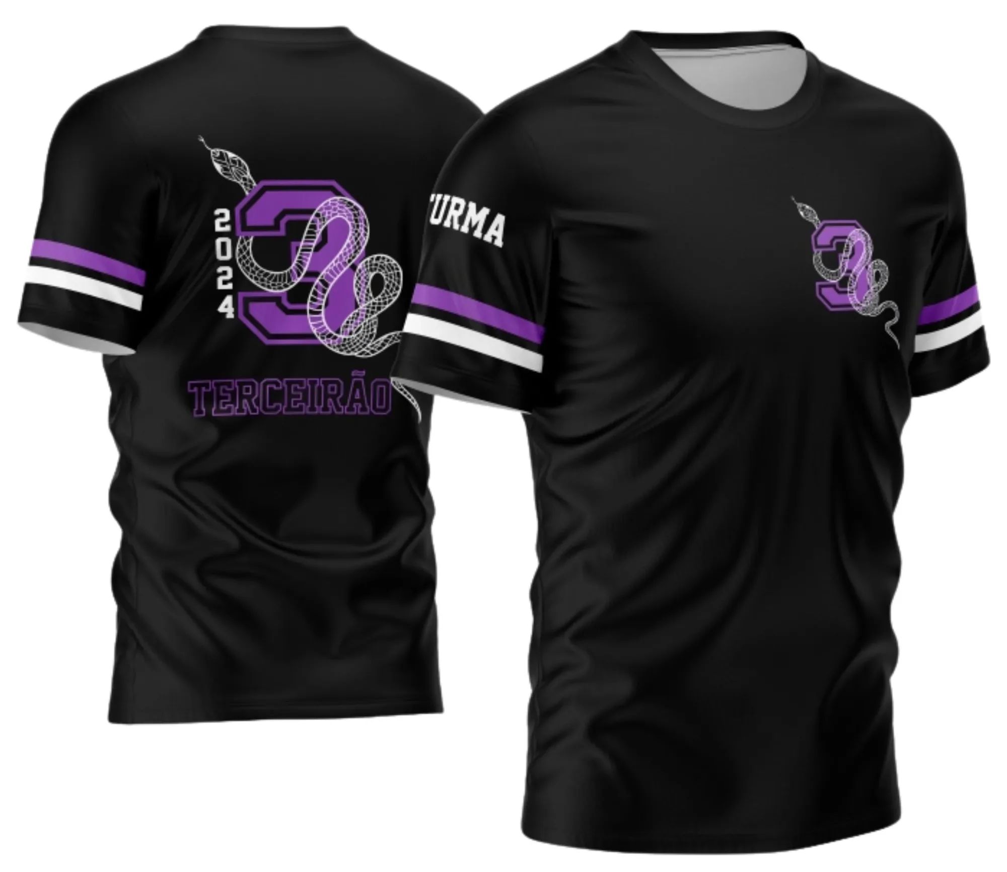 Camiseta unissex na cor preta com logo no peito e estampa grande nas costas mostrando o tema Terceirão Cobra 2026, modelo 01, perfeita para estudantes comemorarem sua turma.