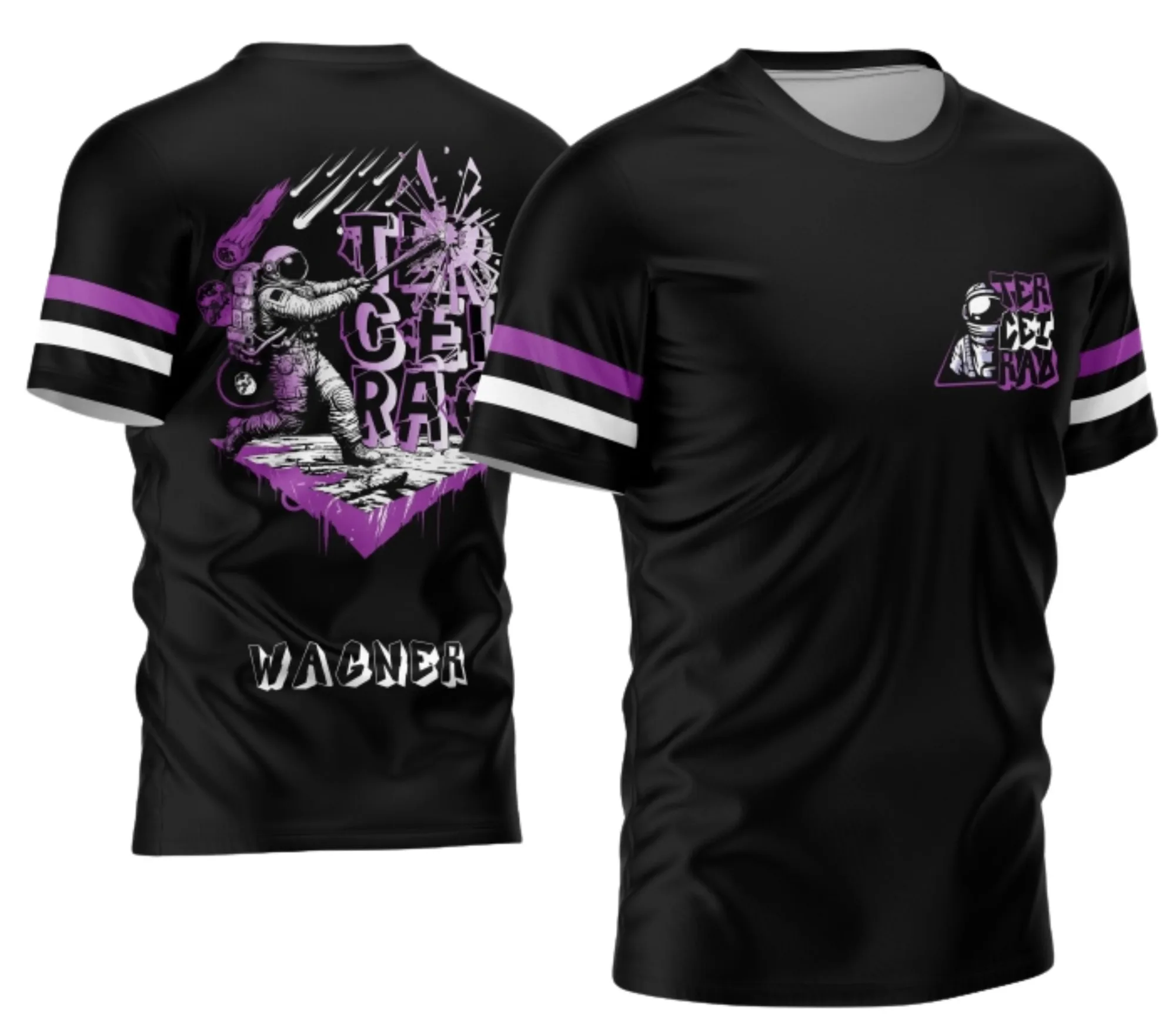 Camiseta unissex preta com logo no peito e estampa grande nas costas, tema Terceirão Astronauta 2026, ideal para estudantes e fãs do espaço.