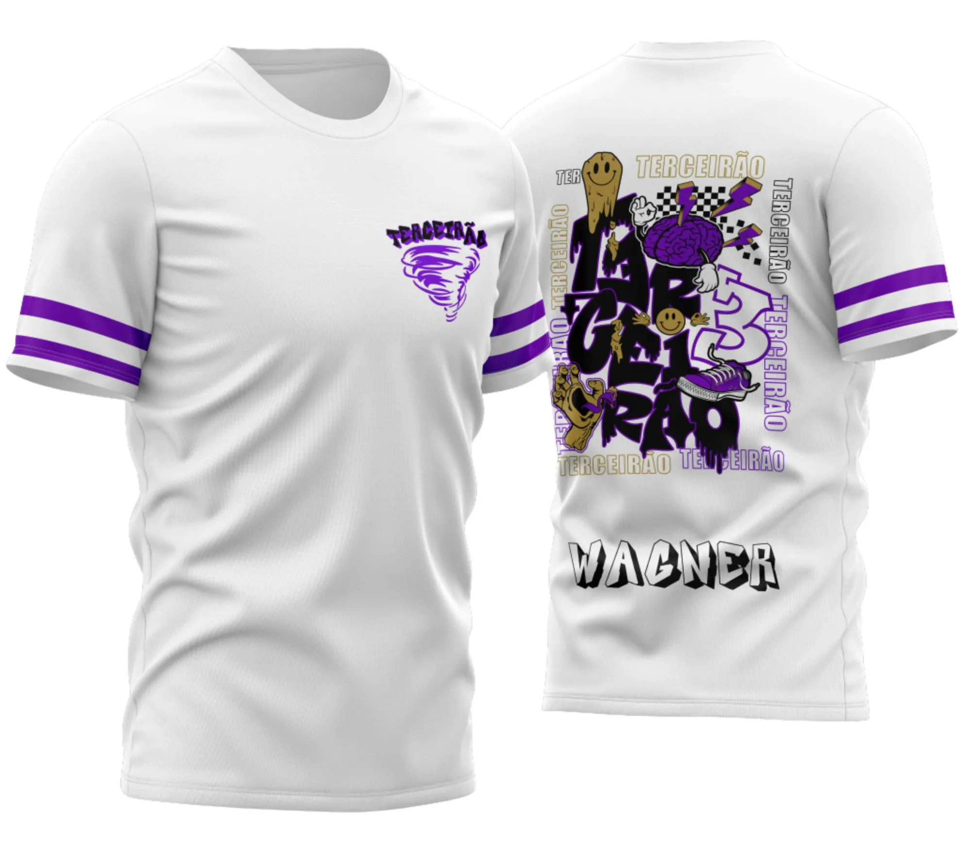 Camiseta unissex branca com logo no peito e estampa grande nas costas, tema Terceirão 2026 com design exclusivo, ideal para estudantes comemorarem sua turma com estilo moderno e clean.