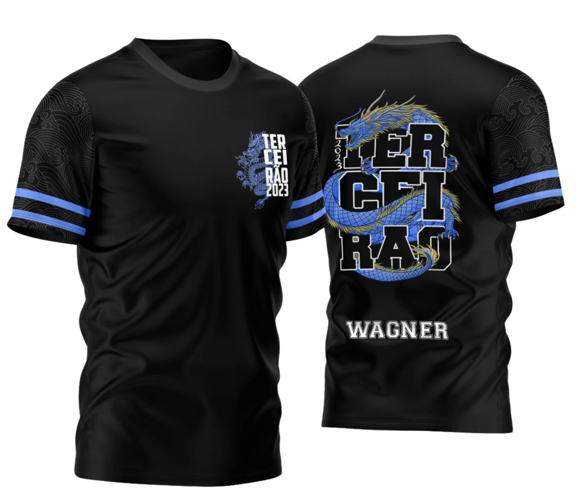 Camiseta unissex preta com logo no peito e estampa grande nas costas do Terceirão Dragão Azul 2026, design vibrante que destaca a identidade da turma com estilo moderno e atraente.