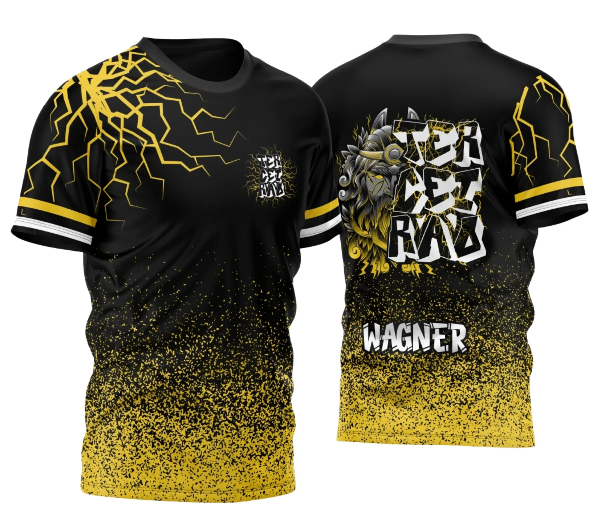 Camiseta unissex preta com logo no peito e estampa grande nas costas representando Zeus e raio, perfeita para turma do terceirão 2026, modelo 3 com visual impactante e moderno.