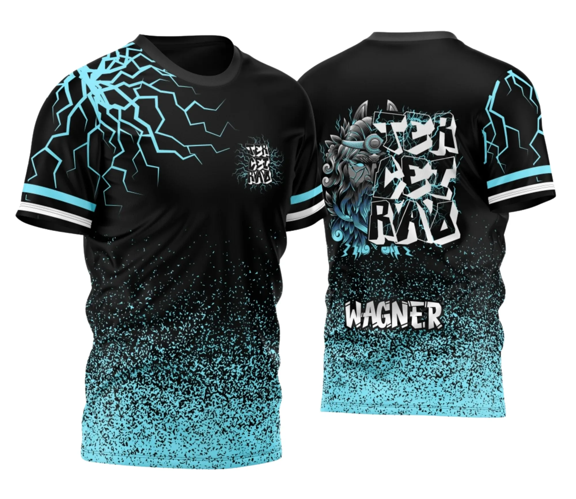 Camiseta unissex preta com logo no peito e estampa grande nas costas mostrando o estilo Terceirão Zeus 2026 com raios, perfeita para celebrar a turma com design moderno e impactante.