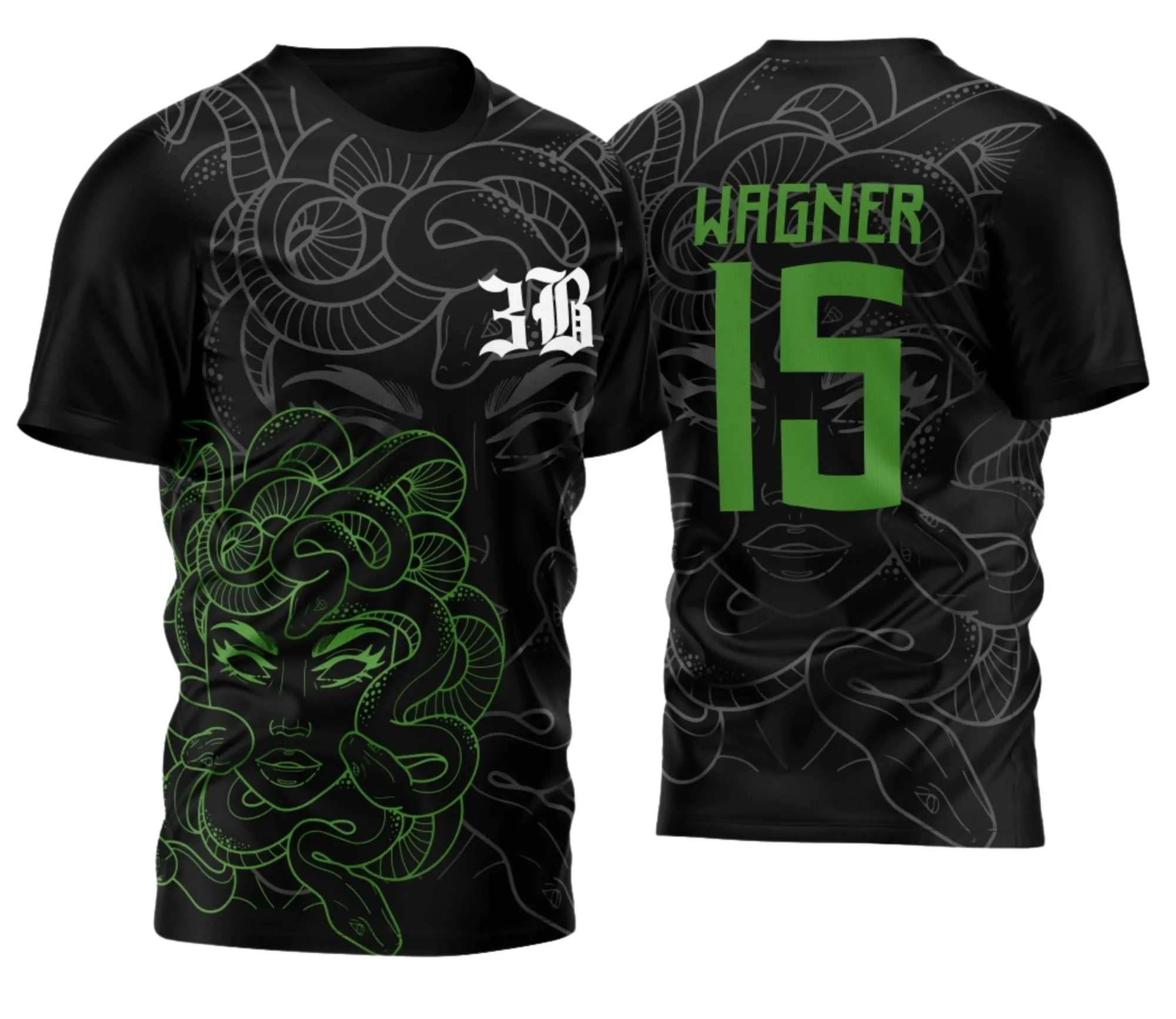 Camiseta unissex preta com logo no peito e estampa grande nas costas com visual impactante do Terceirão Medusa 2026, perfeita para estudantes, com design moderno e vibrante.