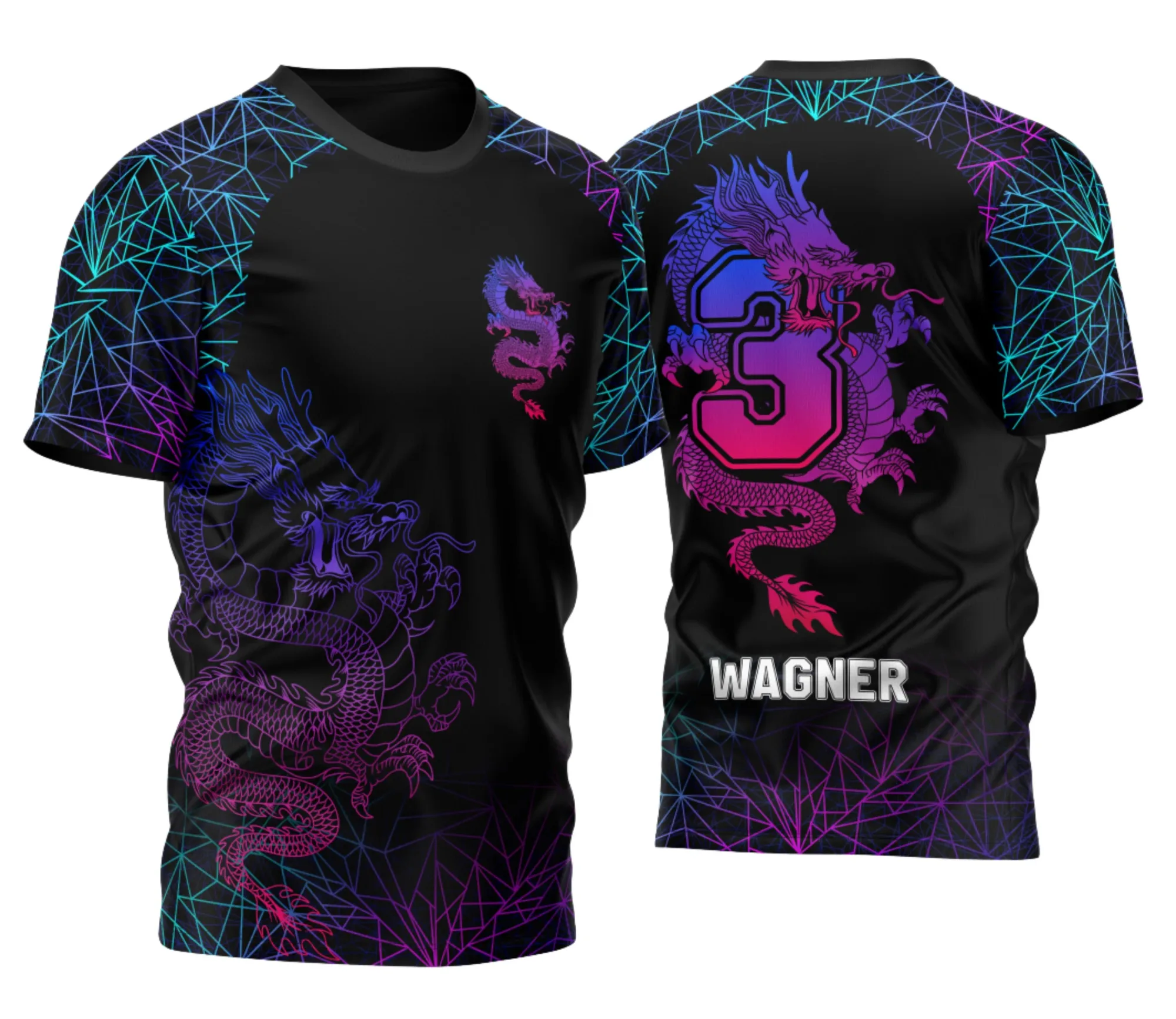 Camiseta unissex preta com logo no peito e estampa grande nas costas mostrando Terceirão 2026 Dragão Impacto Total, design marcante que destaca força e união.