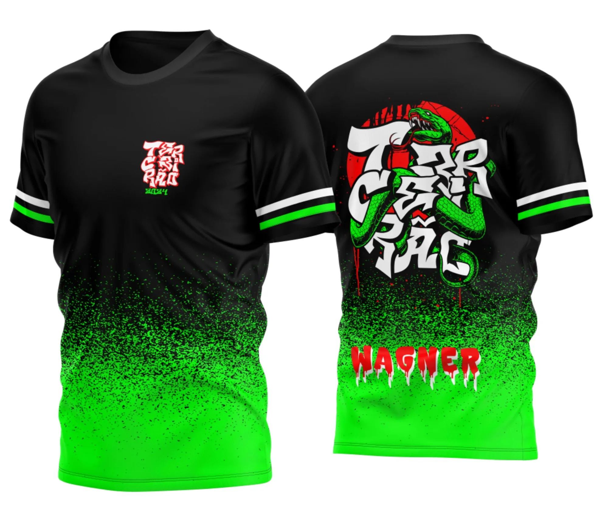 Camiseta unissex com cor base preta, logo no peito e estampa grande nas costas com tema Terceirão 2026 em verde cobrando personalidade e estilo marcante.