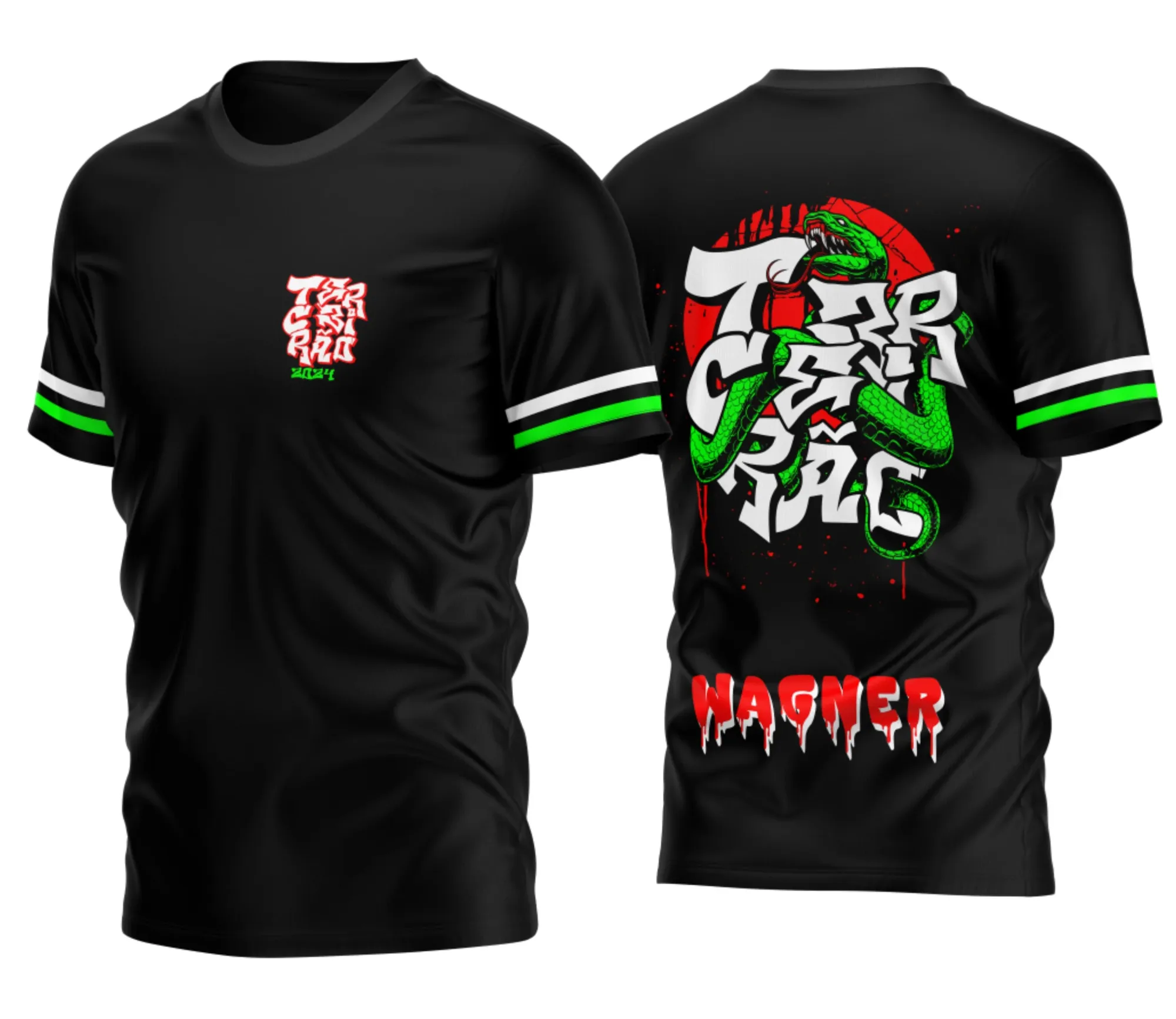 Camiseta unissex preta com logo no peito e estampa grande nas costas inspirada em Terceirão 2026 estilo Cobra Verde, ideal para estudantes e eventos escolares.