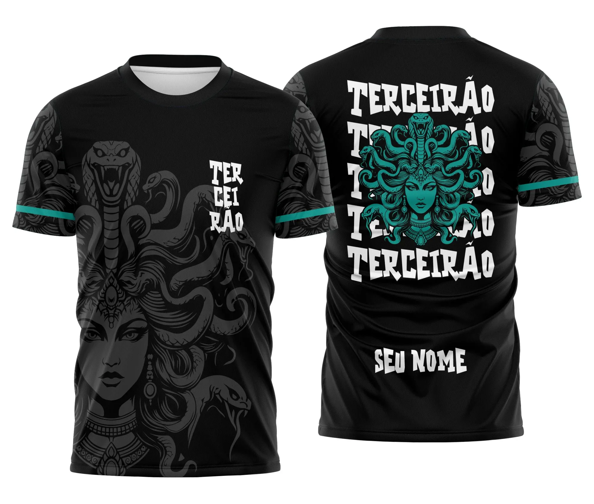 Camiseta unissex preta com logo no peito e estampa grande nas costas da Medusa Grega em tom verde, estilo moderno e impressionante, ideal para terceira série do ensino médio.