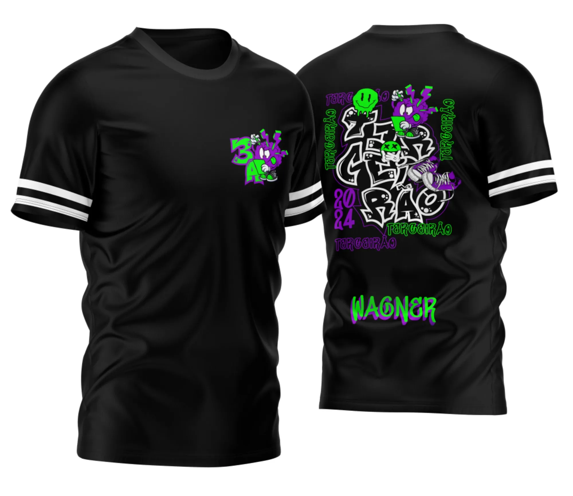 Camiseta unissex preta com logo no peito e estampa grande nas costas mostrando tema Terceirão 2026, destaque para visual moderno e design marcante para estudantes.