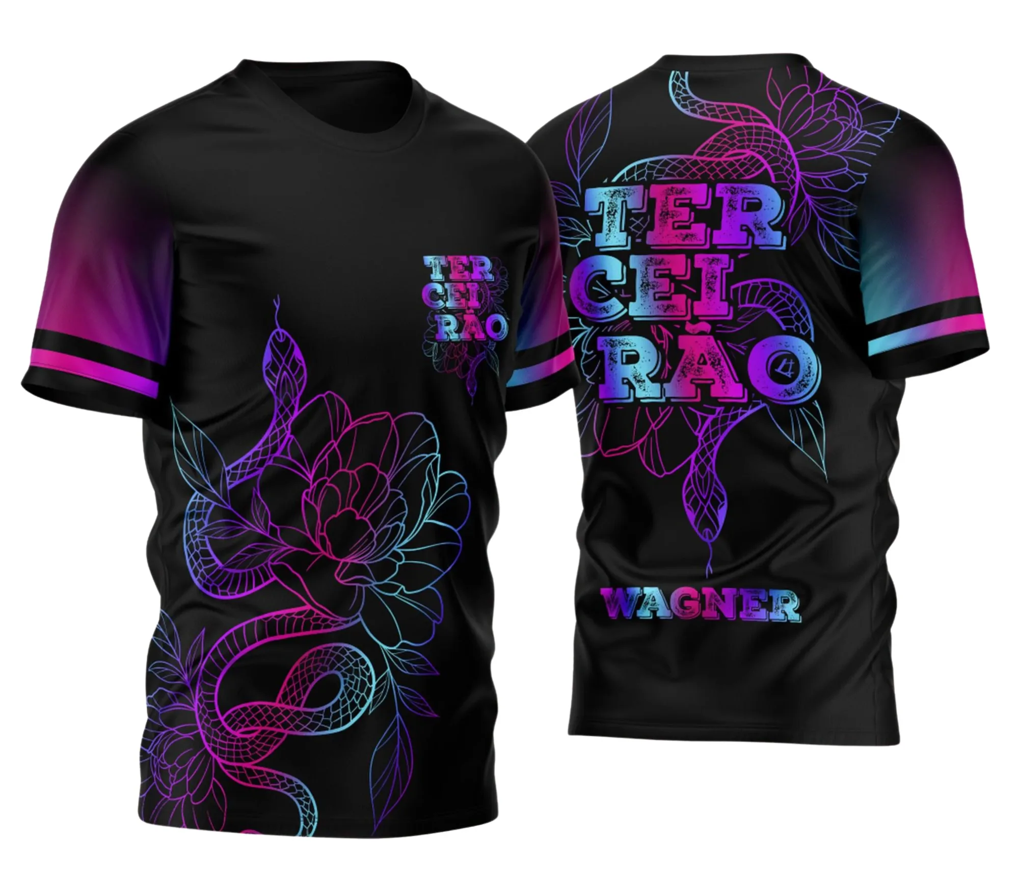 Camiseta unissex preta com logo no peito e estampa grande nas costas temática Terceirão Cobra 2026, estilo jovem e moderno, perfeita para estudantes celebrando a formatura.