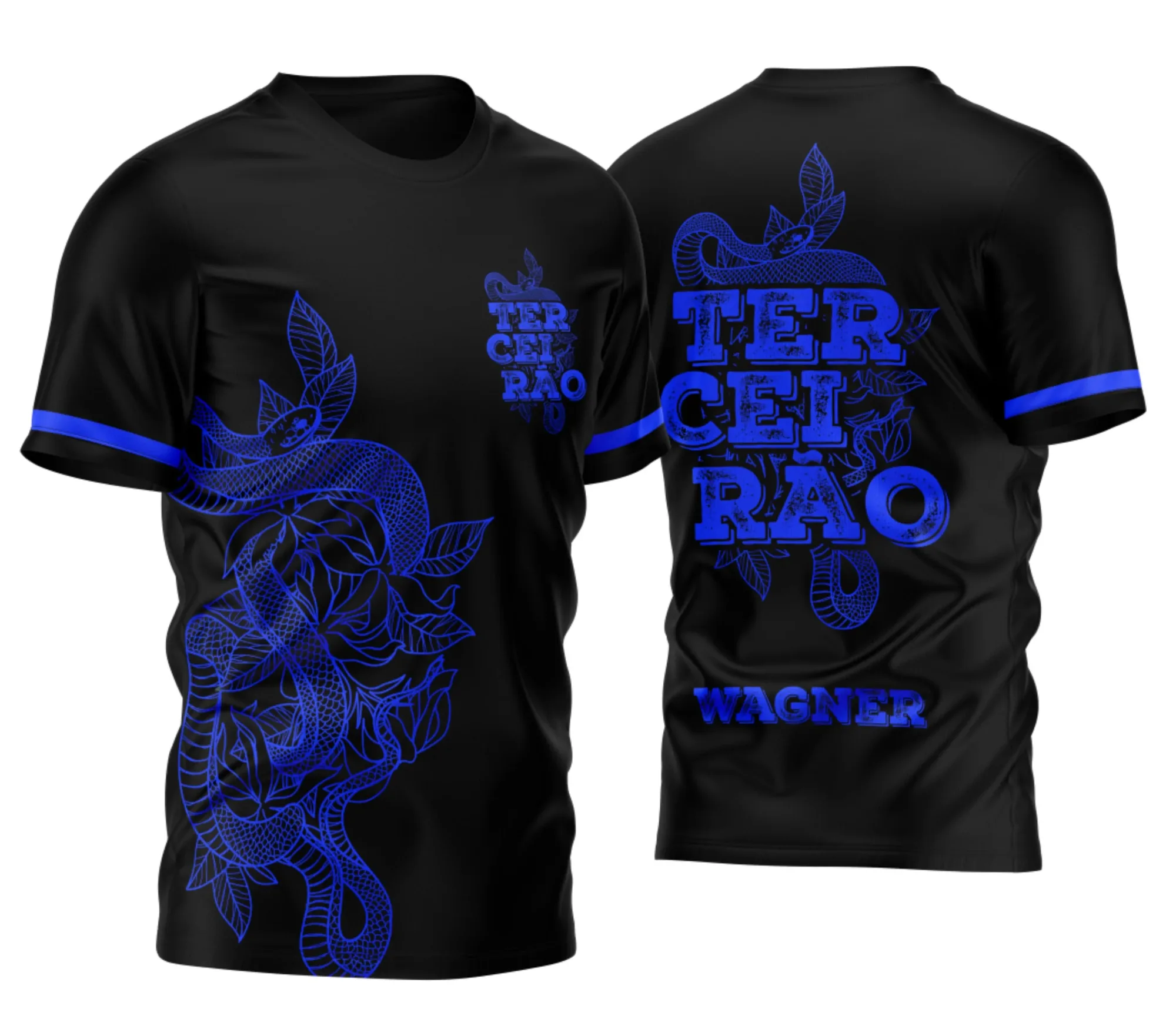 Camiseta unissex preta com logo no peito e estampa grande nas costas mostrando Terceirão Cobra 2026 modelo 2, design moderno e vibrante para jovens estudantes.