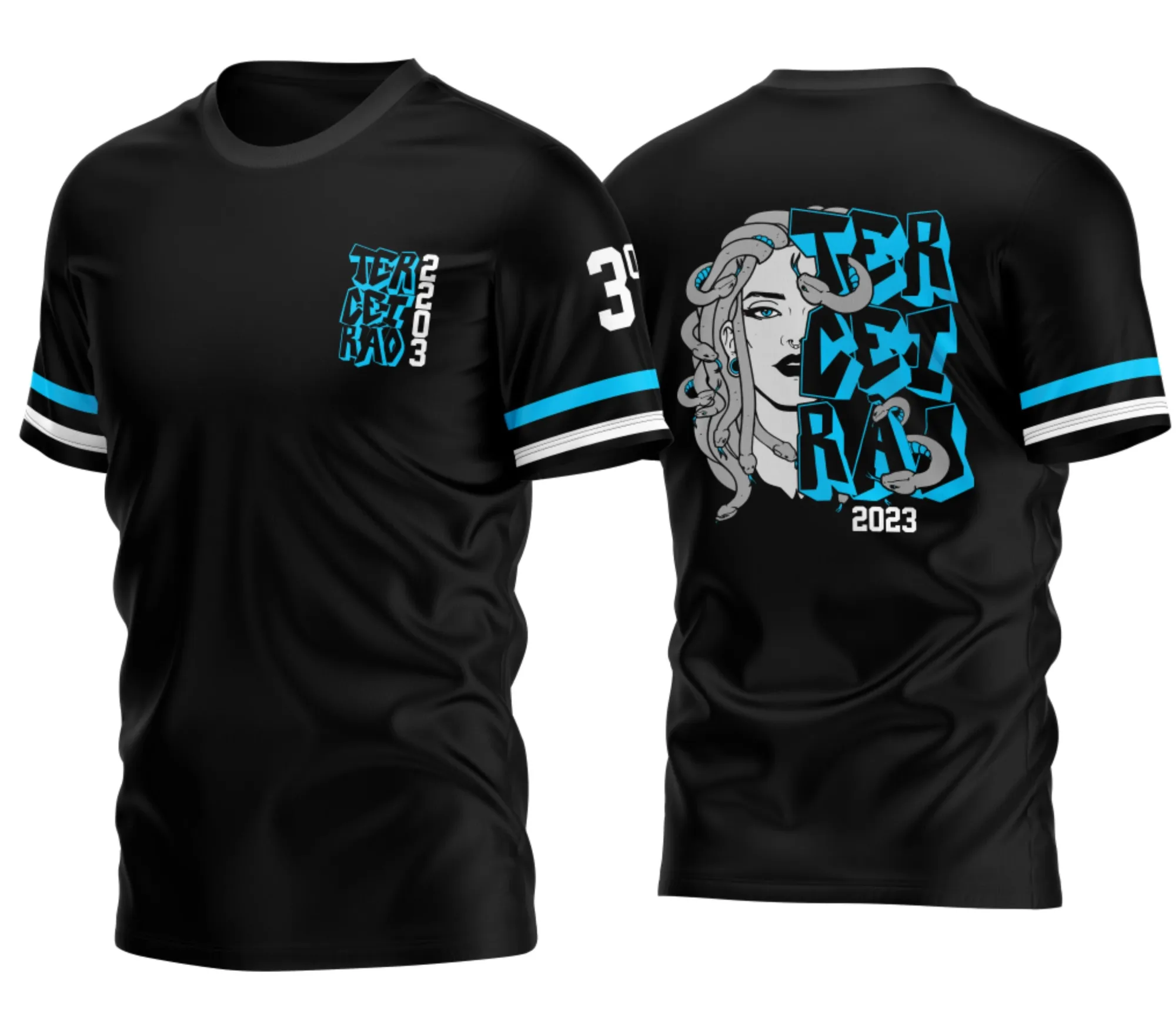 Camiseta unissex preta com logo no peito e estampa grande nas costas mostrando o design Terceirão Medusa 2026, perfeita para celebrar a turma com estilo único e marcante.