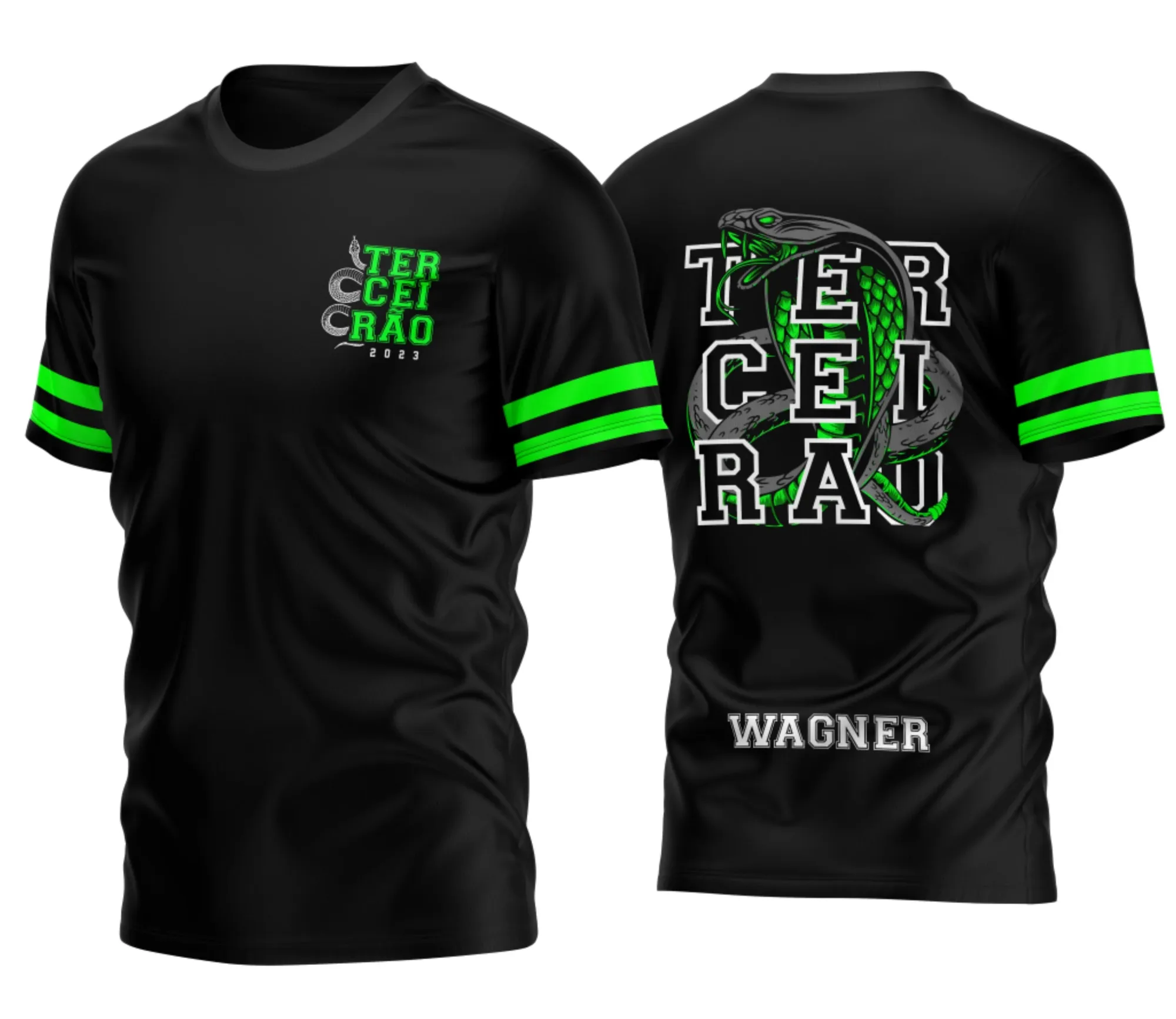 Camiseta unissex preta com logo no peito e estampa grande nas costas mostrando o tema Terceirão Cobra 2026, ideal para estudantes comemorarem essa fase especial.