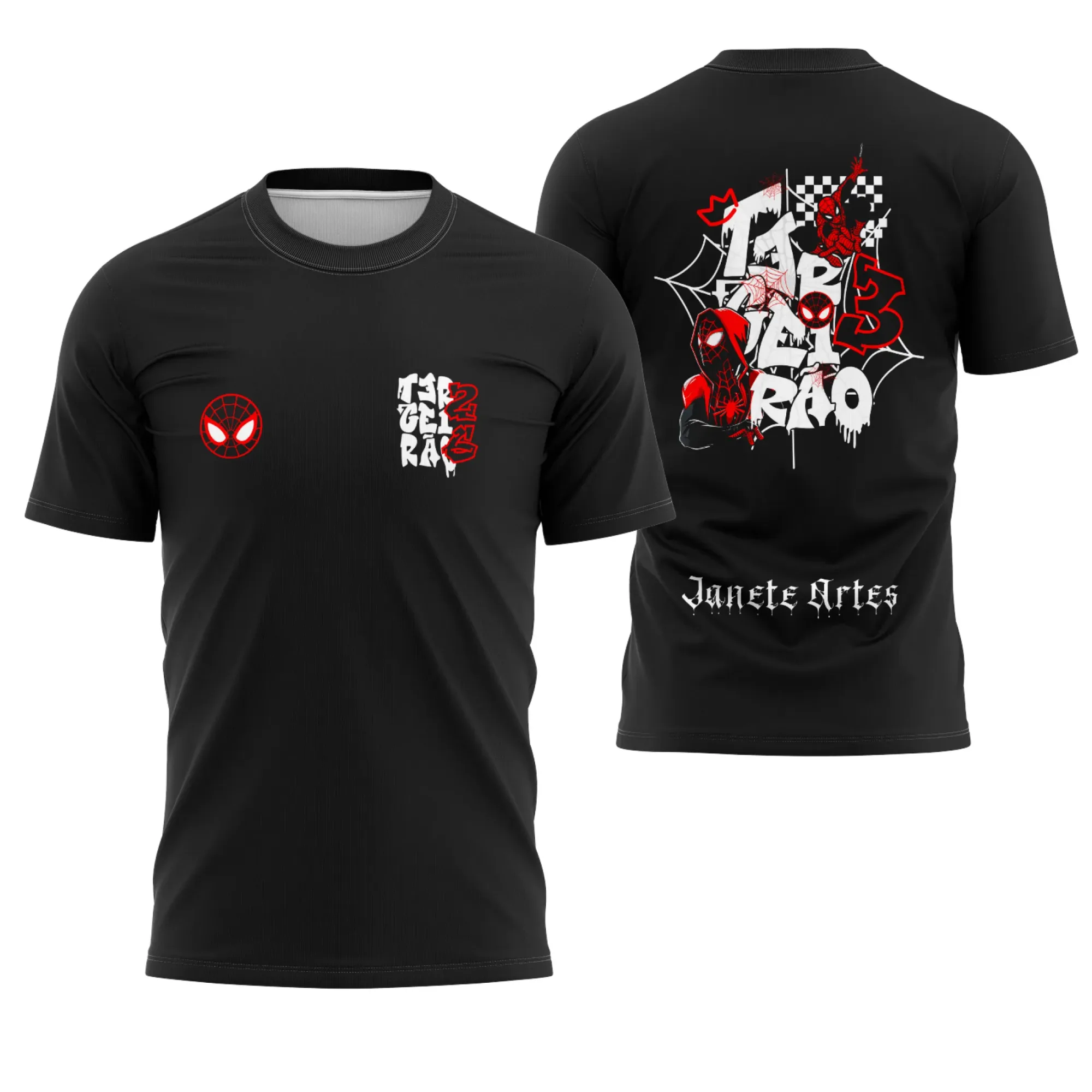 Camiseta unissex preta com logo no peito e estampa grande nas costas do Homem Aranha, perfeita para formandos do Terceirão 2026 exibirem estilo e personalidade.
