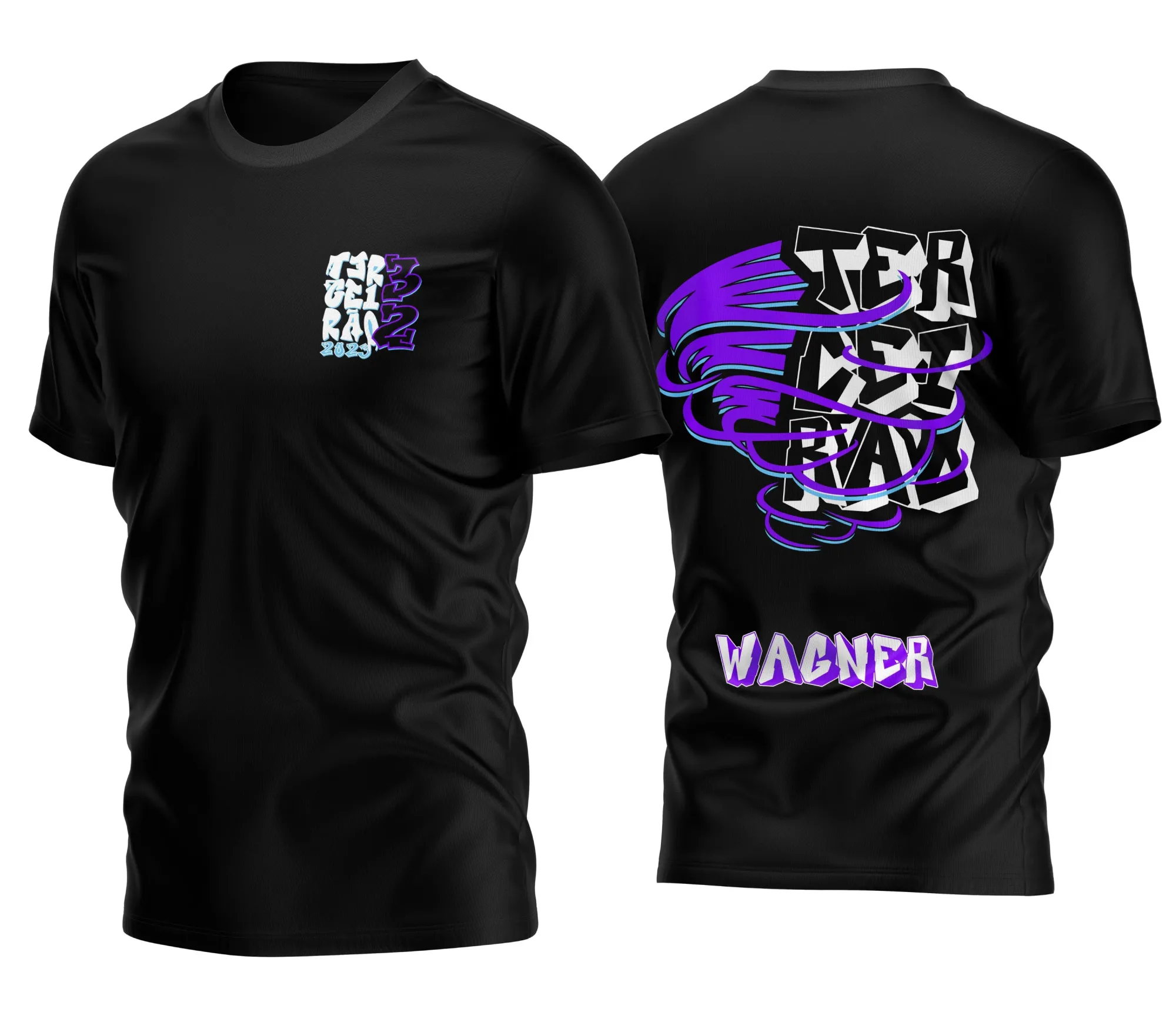 Camiseta unissex preta com logo no peito e estampa grande nas costas com design Terceirão Furacão 2024, ideal para estudantes comemorarem com estilo e identidade visual marcante.