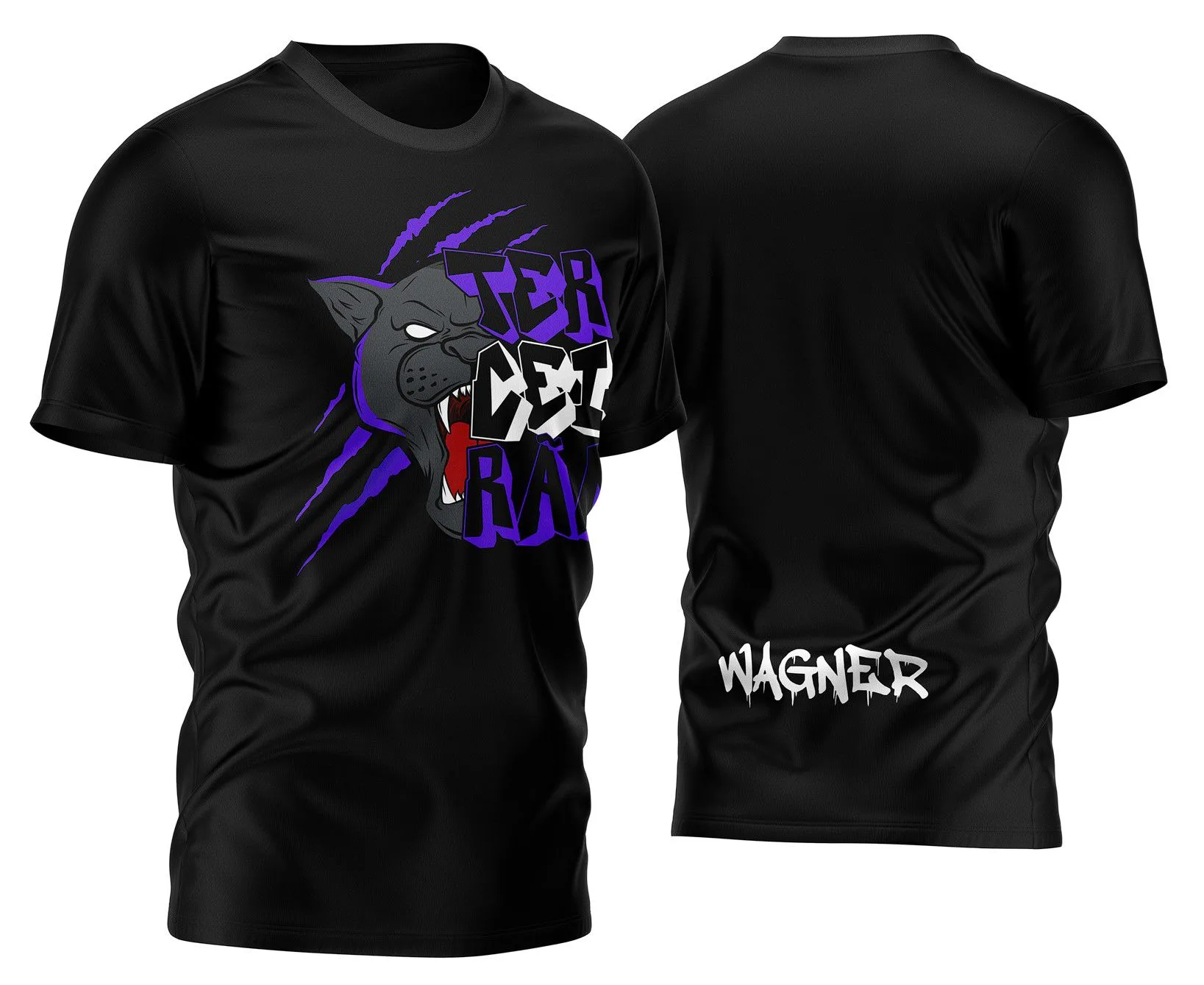 Camiseta unissex preta com logo no peito e estampa grande nas costas mostrando uma Pantera Negra poderosa e garra, tema Terceirão Formandos 2026, estilo vibrante e marcante.