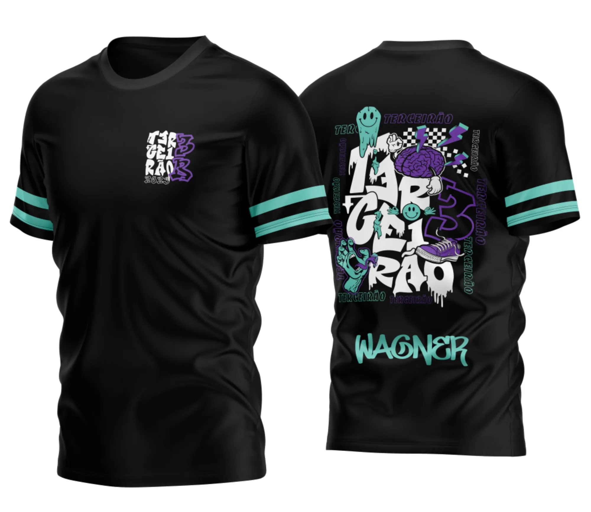 Camiseta unissex preta com logo no peito e estampa grande nas costas do tema Terceirão Grafitti 2026 3B, com design moderno e descolado para estudantes e aniversariantes.