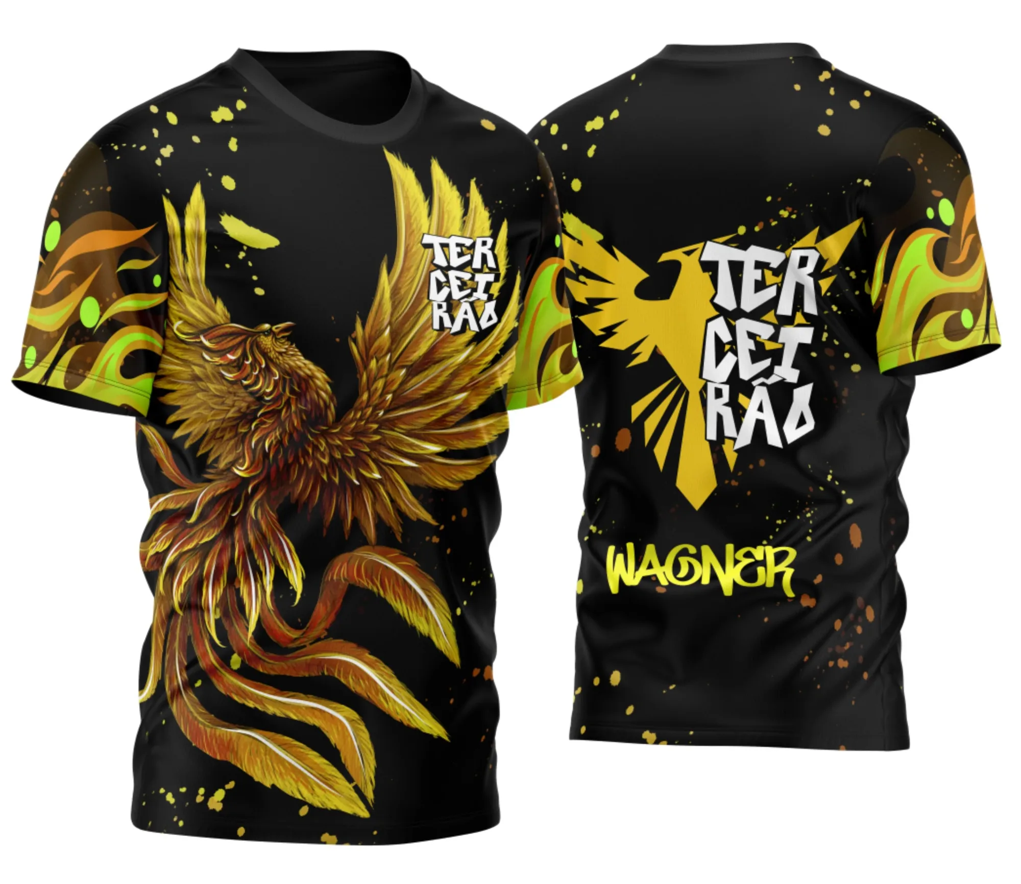 Camiseta unissex preta com logo no peito e estampa grande nas costas, tema Terceirão Fenix 2026 Fogo, design vibrante e moderno para jovens estudantes.