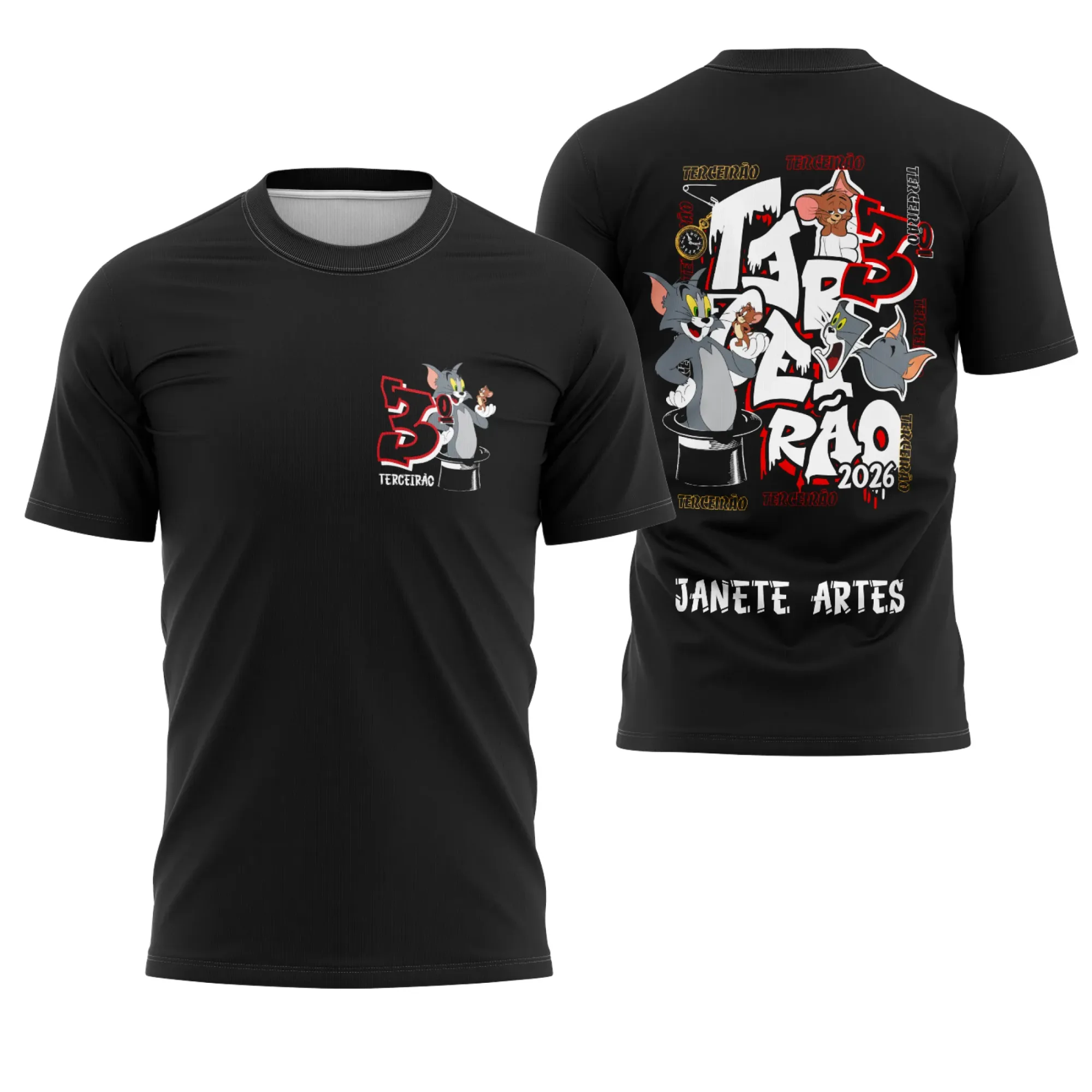 Camiseta unissex preta com logo no peito e estampa grande nas costas do tema Formando Terceirão Tom e Jerry 2026, perfeita para estudantes celebrando a formatura.