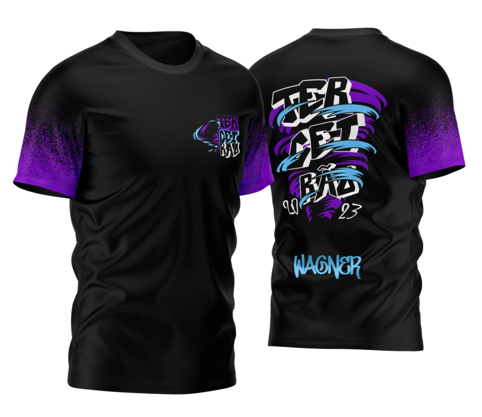 Camiseta unissex preta, com logo no peito e estampa grande nas costas, tema Camisa Terceirão Novo Furacão 2026, perfeita para despedidas de colégio e festas de formatura.