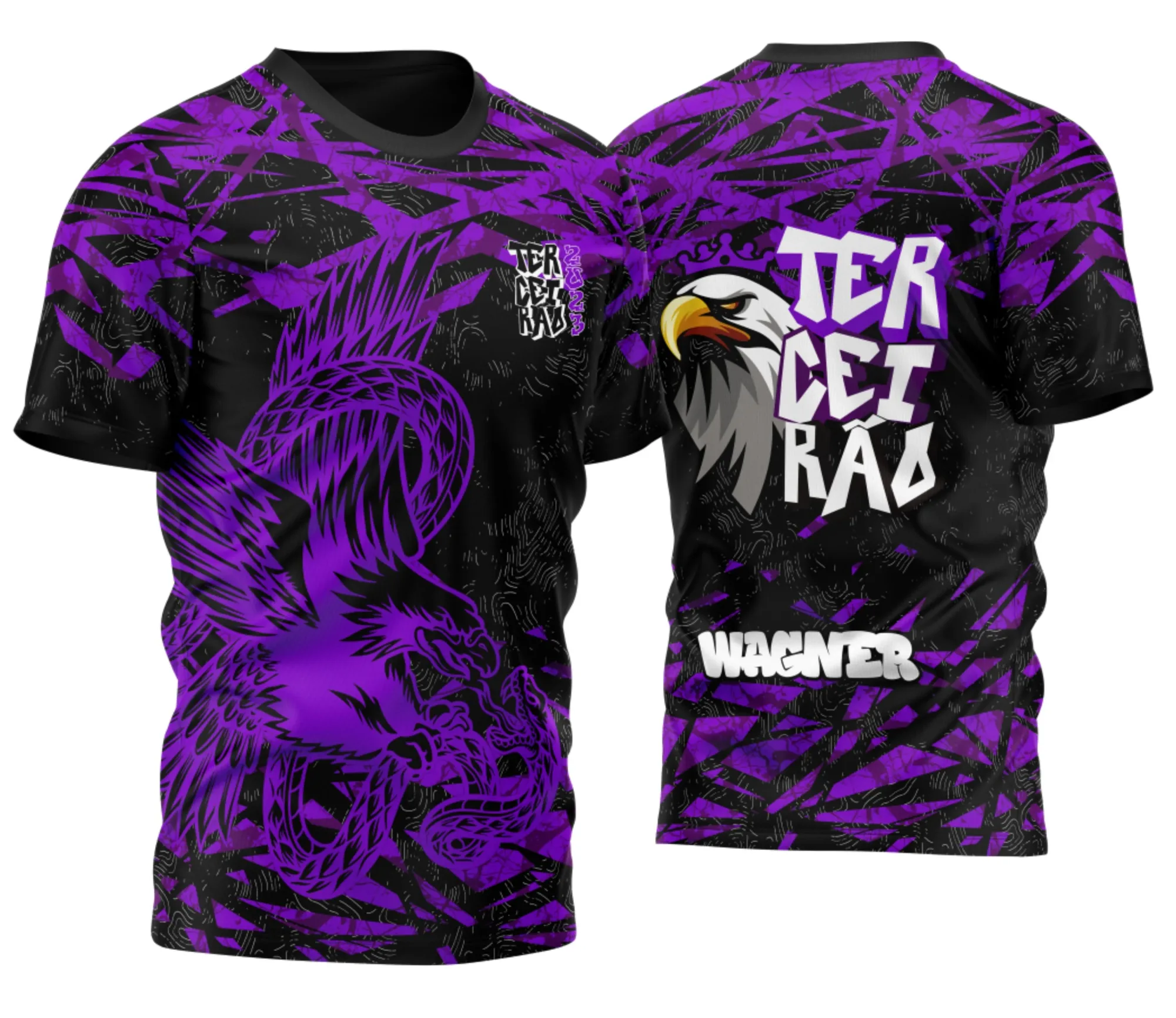 Camiseta unissex preta com logo no peito e estampa grande nas costas com tema Águia Terceirão 2026, perfeita para comemorações e eventos escolares.