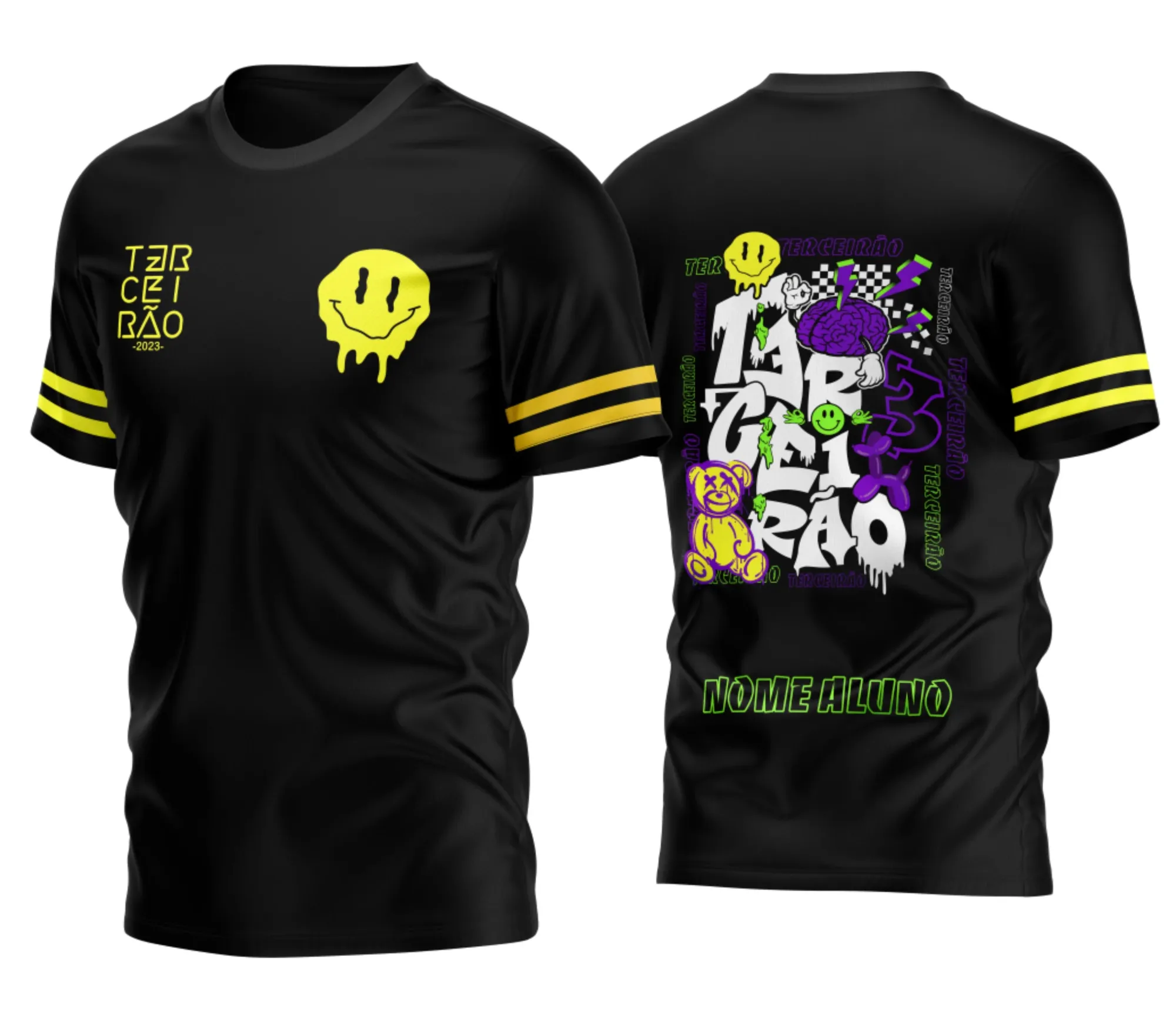 Camiseta unissex preta com logo no peito e estampa grande nas costas mostrando Urso Grafite e Cachorro de Balão, design único para turma de Terceirão, ideal para usar com estilo casual.