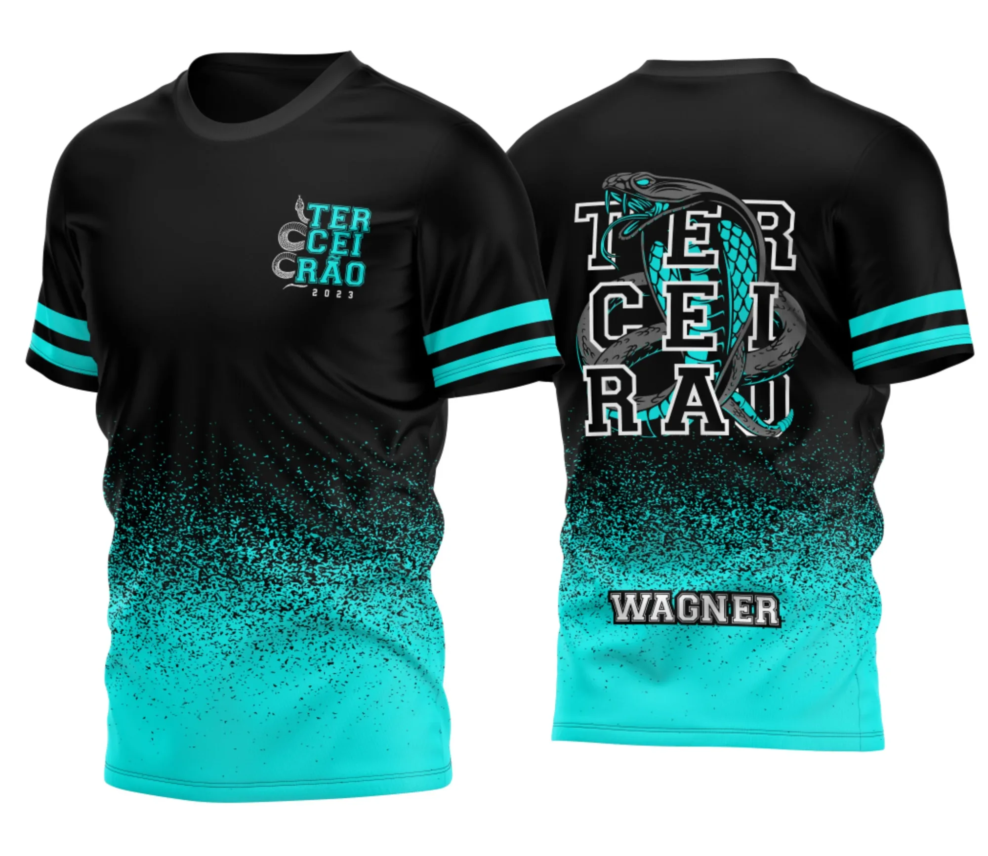 Camiseta preta unissex com logo no peito e estampa grande nas costas destacando o tema Terceirão Cobra Real 2026, ideal para estudantes comemorarem o último ano escolar com estilo e identidade.