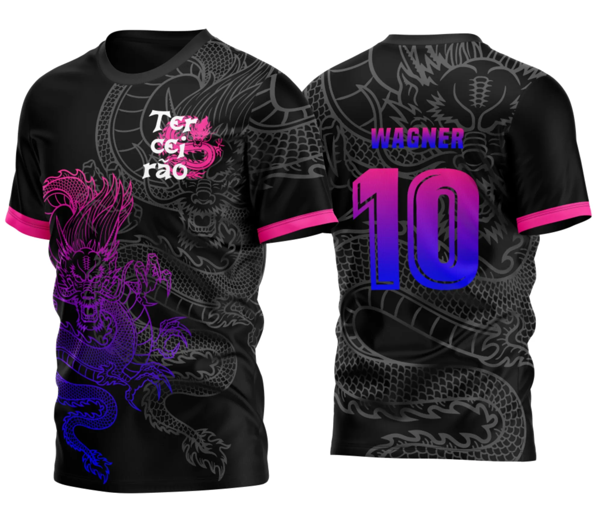 Camiseta unissex preta com logo no peito e estampa grande nas costas mostrando Terceirão Dragão Degrade Modelo B, perfeita para turma de despedida escolar.