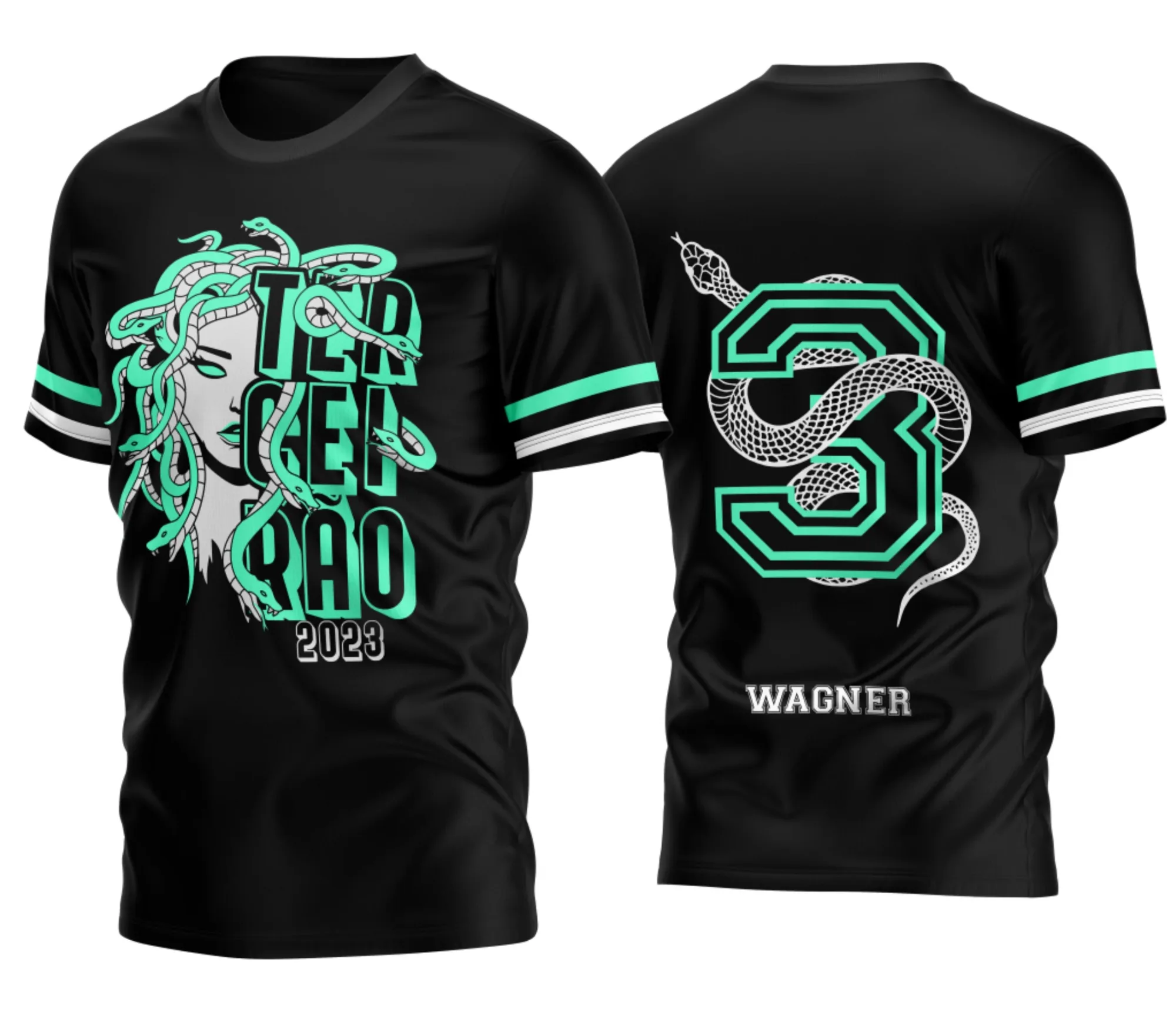 Camiseta unissex preta com logo no peito e estampa grande nas costas mostrando a Nova Medusa Verde do Terceirão 3 de 2026, design moderno e cheio de estilo para estudantes que querem se destacar.