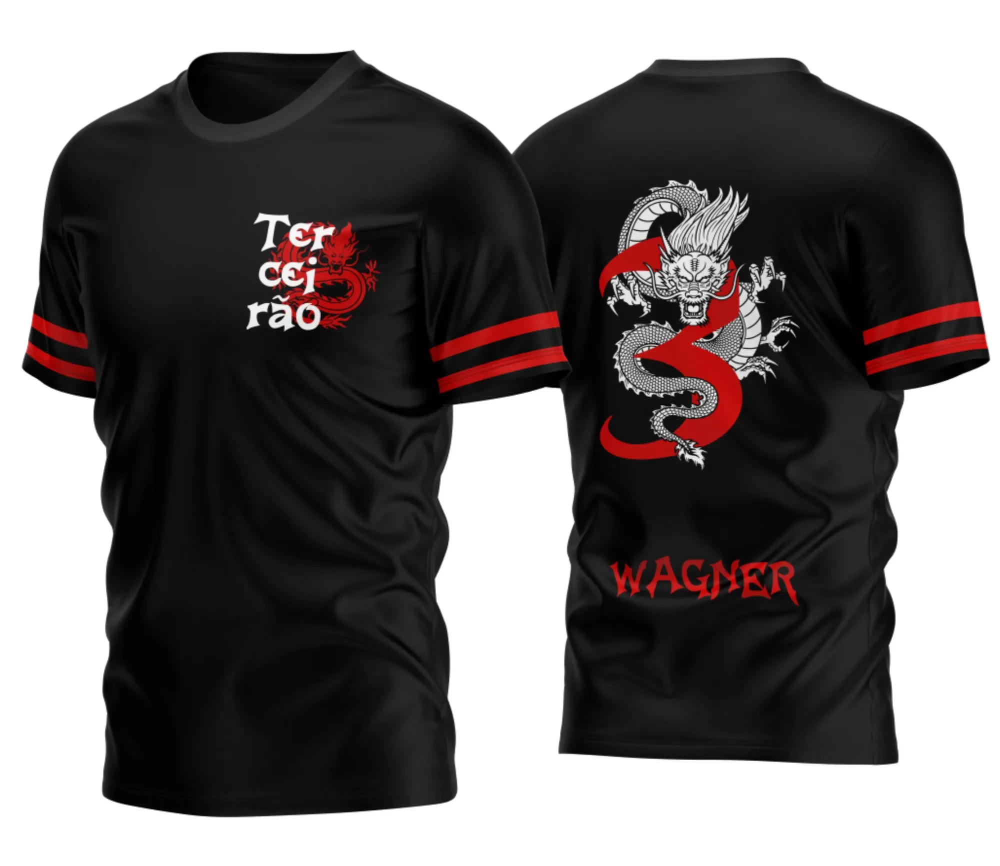 Camiseta unissex preta com logo no peito e estampa grande nas costas do Terceirão Vermelho Dragão 2026, design marcante e moderno para celebracão escolar.