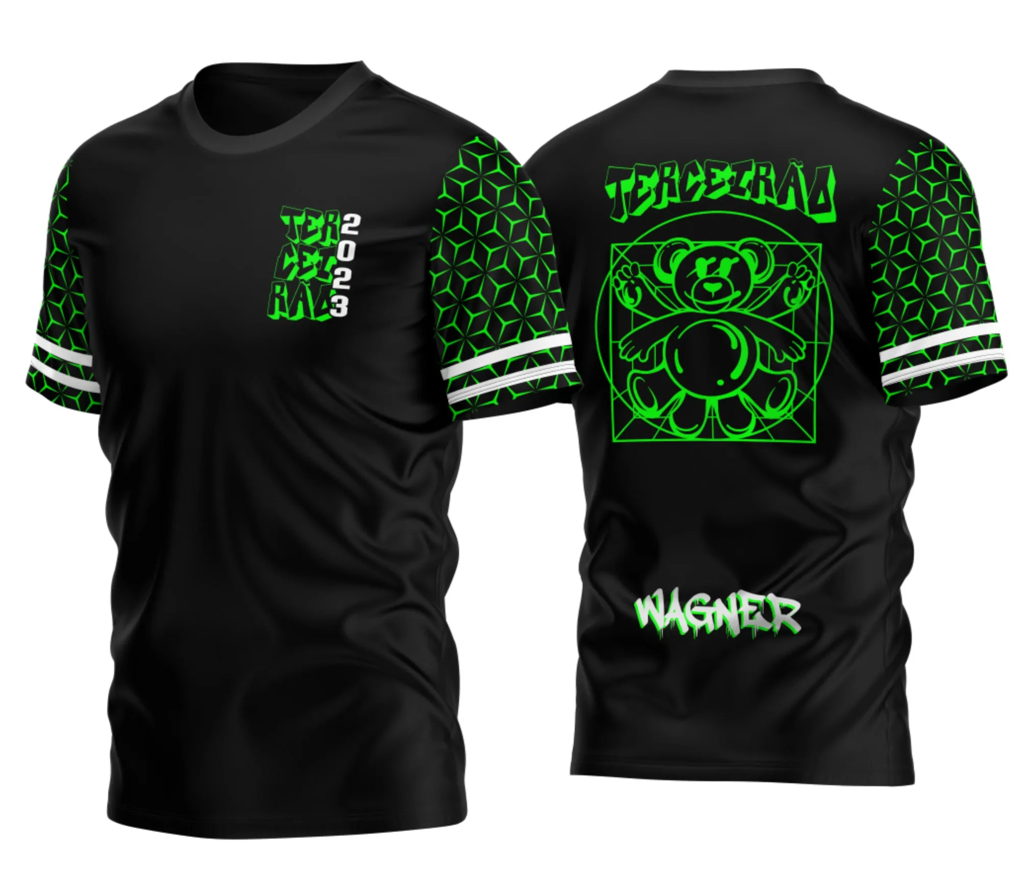 Camiseta unissex preta com logo no peito e estampa grande nas costas do Urso Vitruviano 2026, perfeita para comemorar o último ano do terceirão com estilo e identidade marcante.