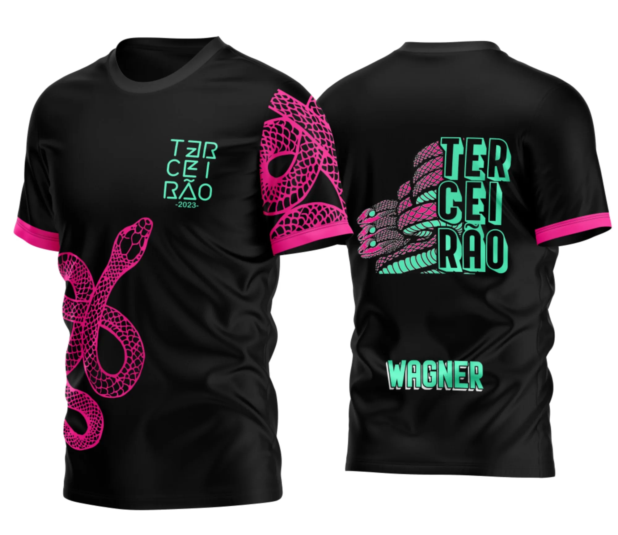 Camiseta unissex preta com logo no peito e estampa grande nas costas mostrando o tema Terceirão 3 Cobras 2026 em estilo jovem e moderno.