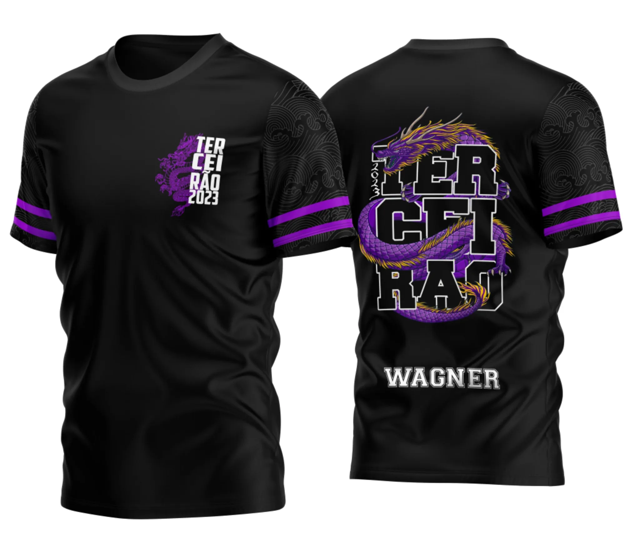 Camiseta unissex preta com logo no peito e estampa grande nas costas, destacando o tema Camisa Terceirão Dragão Roxo Letreiro com design impactante e moderno.