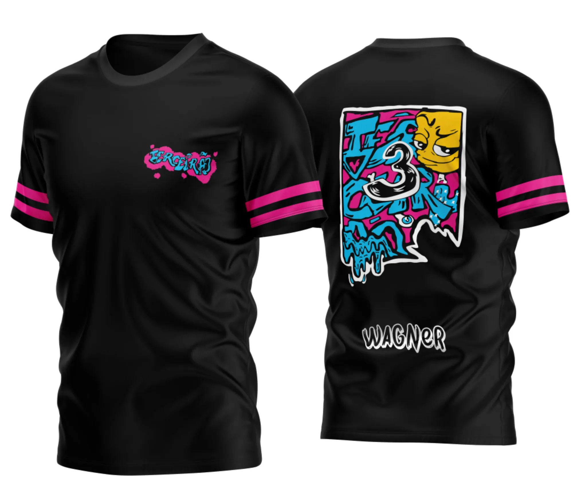 Camiseta unissex preta com logo no peito e estampa grande nas costas com design Terceirão Smile Osso, ideal para estudantes com estilo moderno e descontraído