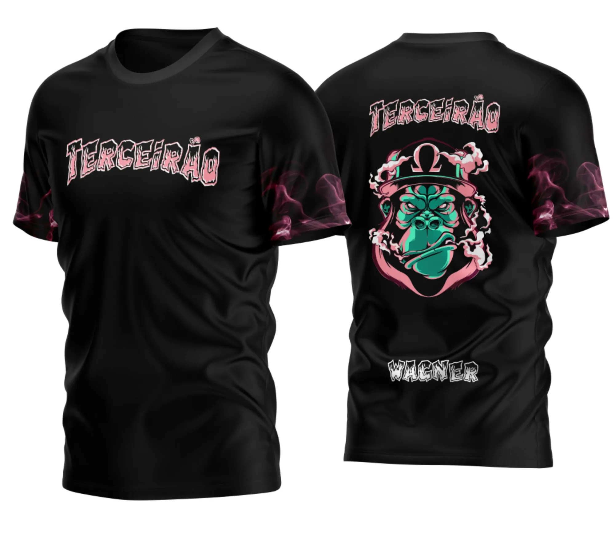 Camiseta unissex preta com logo no peito e estampa grande nas costas, temática Terceirão Gorila Fumaça, estilo casual e despojado, perfeita para jovens e estudantes.
