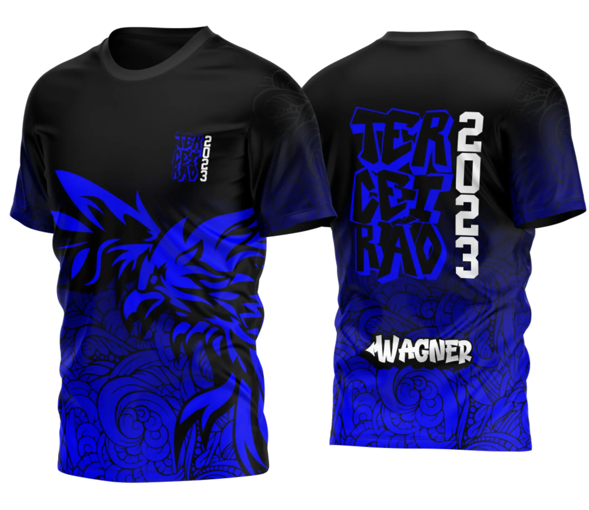 Camisa camiseta unissex preta com logo no peito e estampa grande nas costas temática do Terceirão Fenix Azul 2026, destaque para o design moderno e cores vibrantes.