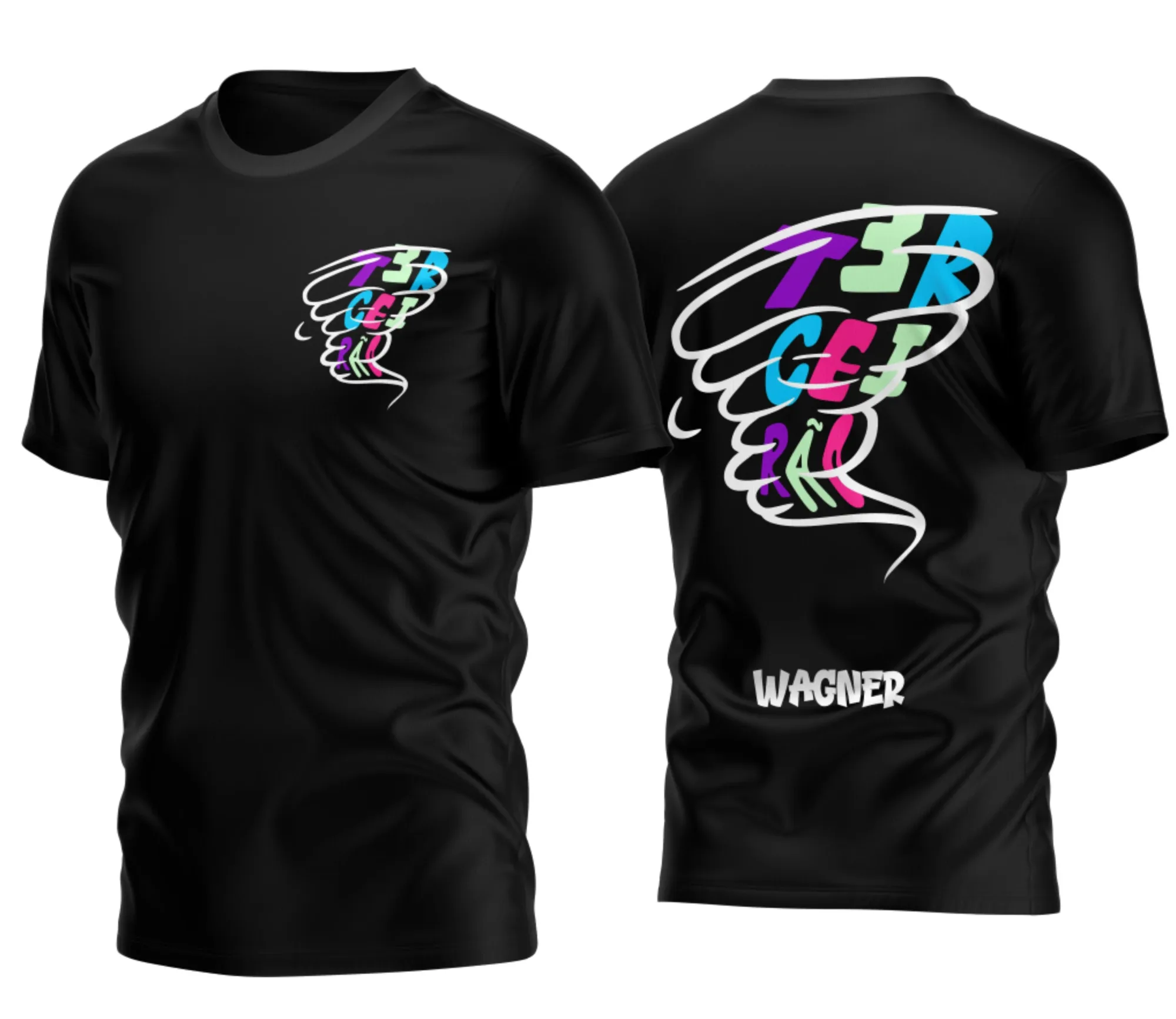 Camiseta unissex branca com logo no peito e estampa grande nas costas do Terceirão Furacão com letras coloridas vibrantes, perfeita para mostrar orgulho e estilo na escola.