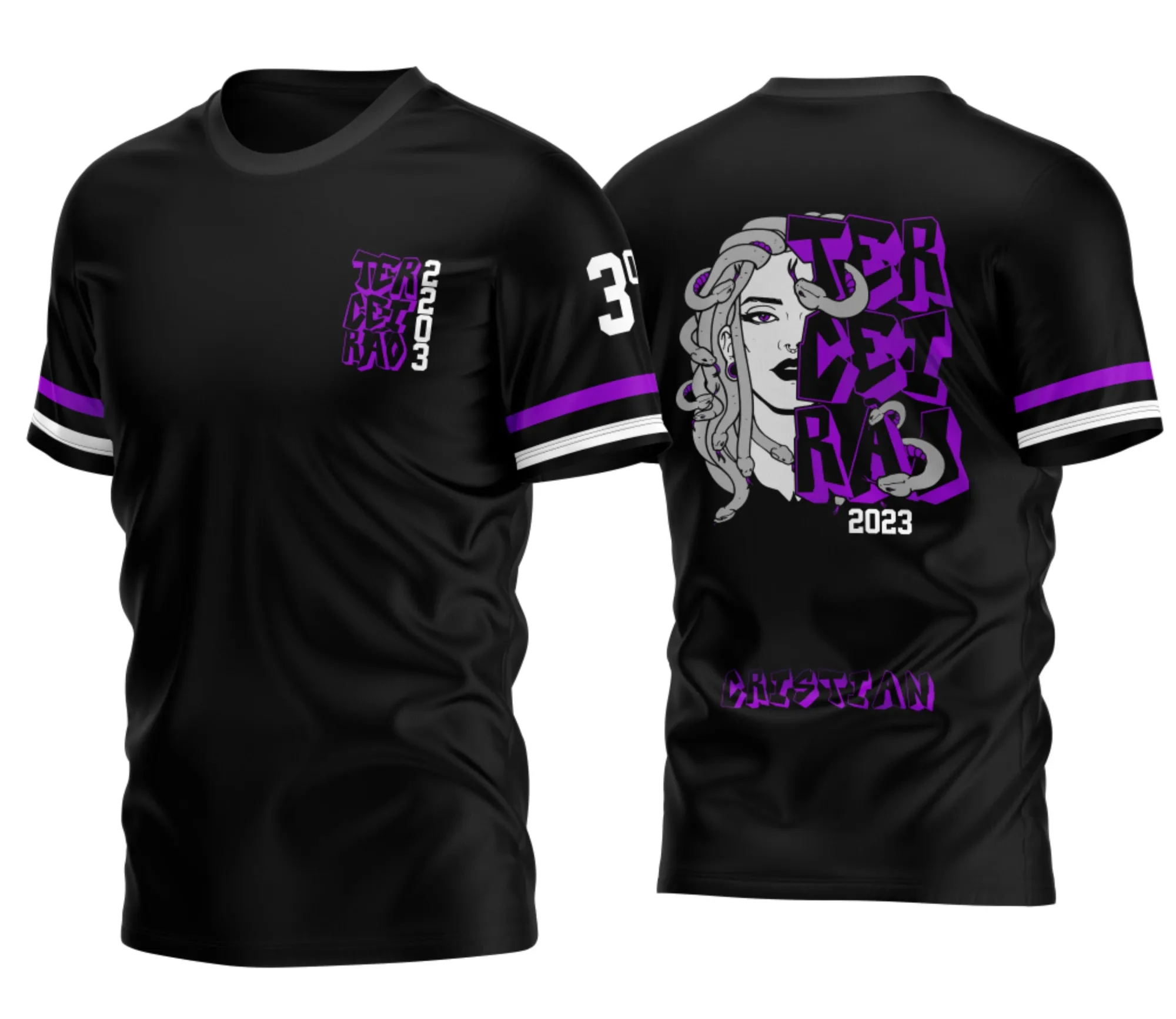 Camiseta unissex roxa com logo no peito e estampa grande nas costas da Camisa Terceirão Medusa Nova Roxa 2026, ideal para finalistas que querem destaque e identidade na cor baseada no tema Medusa.