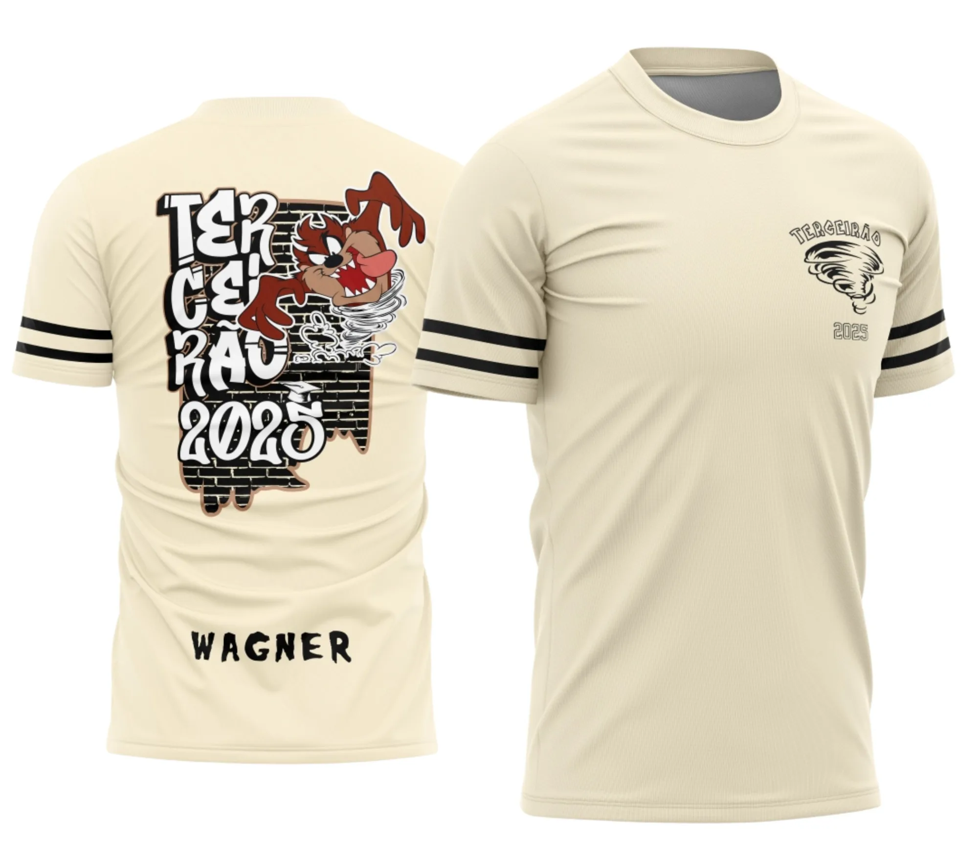 Camiseta unissex preta com logo no peito e estampa grande nas costas inspirada no Terceirão Taz Mania Retrô, estilo vintage e descolado ideal para estudantes e fãs da nostalgia.